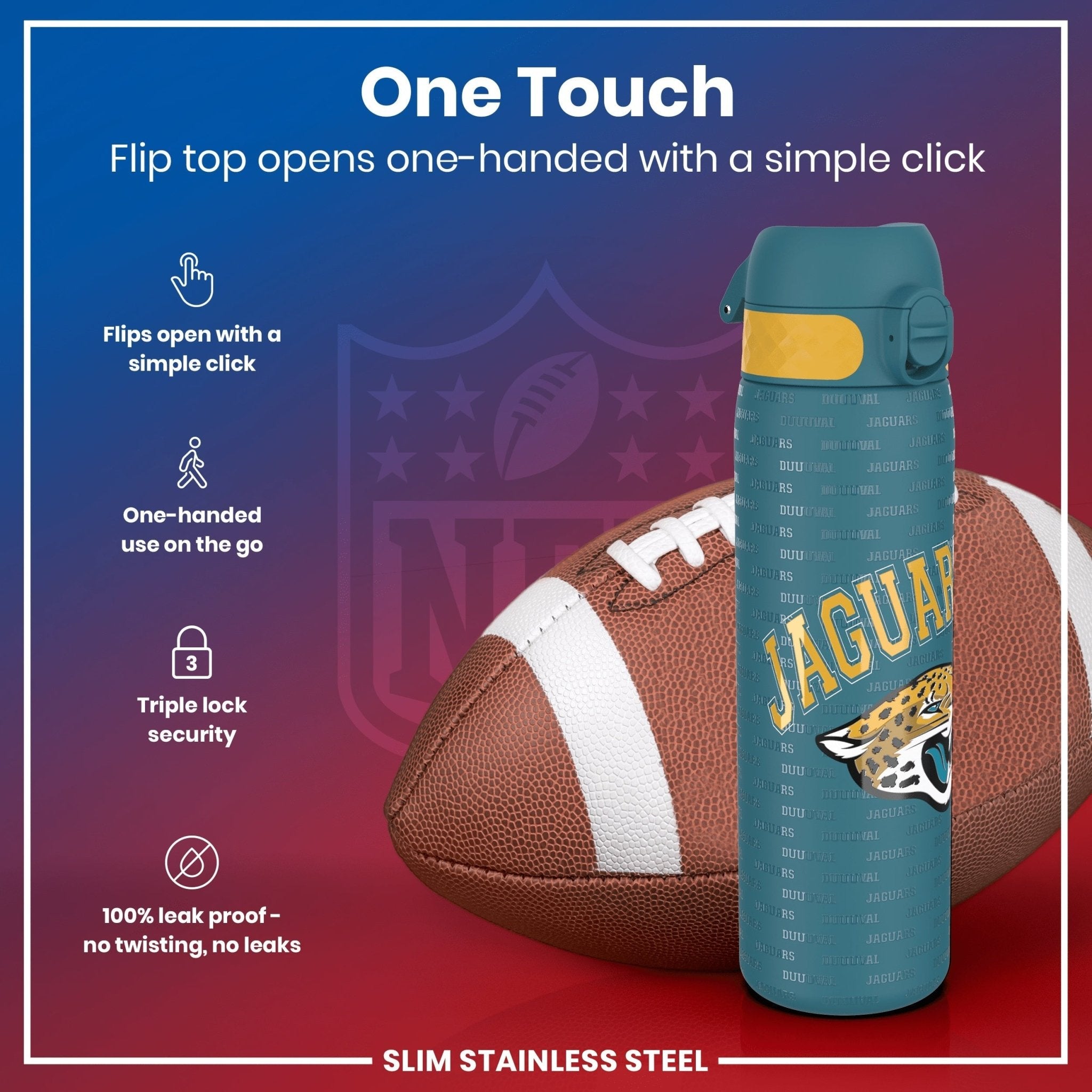 Leak-proof NFL steel water bottle featuring Jacksonville Jaguars logo, 600ml capacity, durable stainless steel, by ION8.