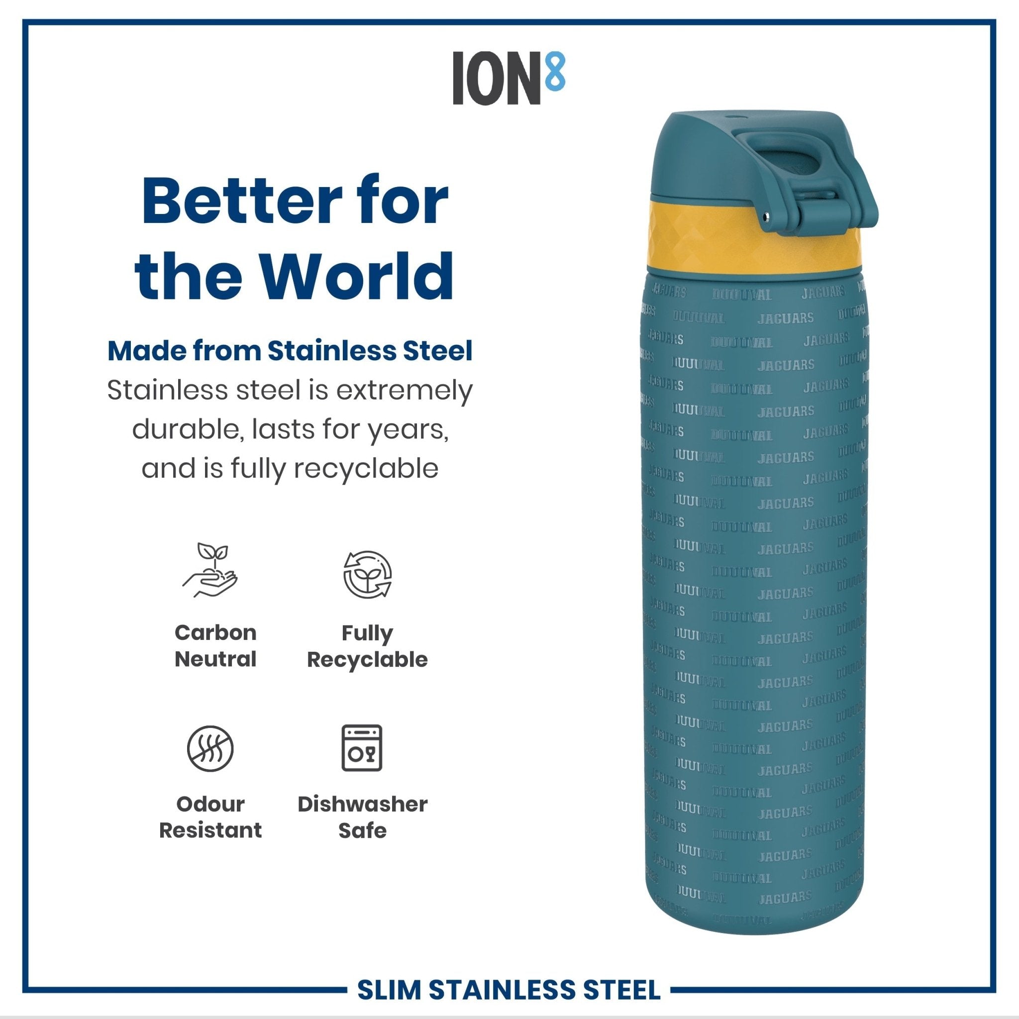ION8 stainless steel NFL water bottle featuring Jacksonville Jaguars logo, leak-proof design, 600ml capacity, 20oz.