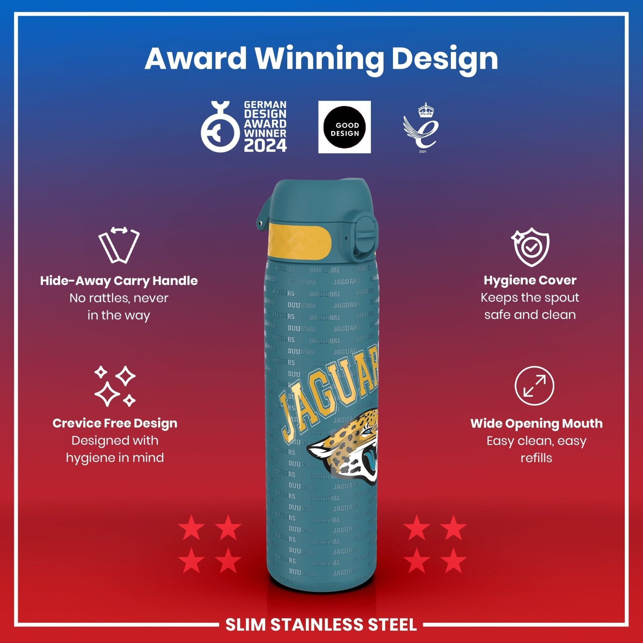 ION8 stainless steel leak-proof NFL water bottle featuring Jacksonville Jaguars team logo, 600ml (20oz) capacity.
