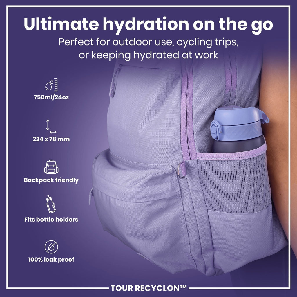 Light purple 750ml Recyclon water bottle by ION8 with a sleek, ergonomic design and a secure screw cap.