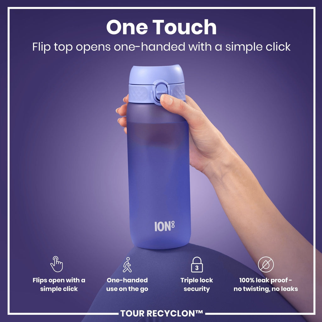 Light purple ION8 Recyclon water bottle with 750ml capacity, featuring a sleek design and secure cap.