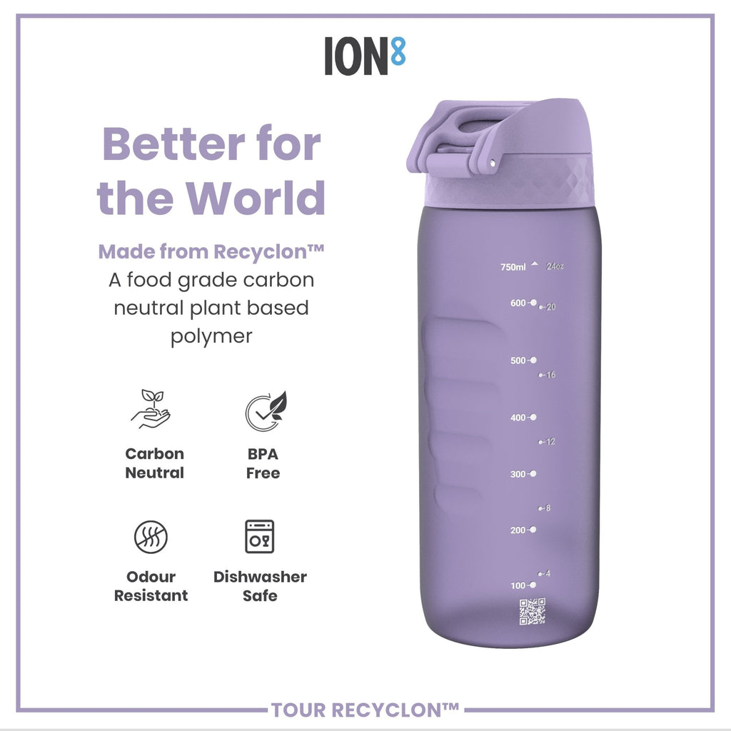 Light purple 750ml Recyclon water bottle by ION8 with a sleek design and secure lid, ideal for hydration on the go.