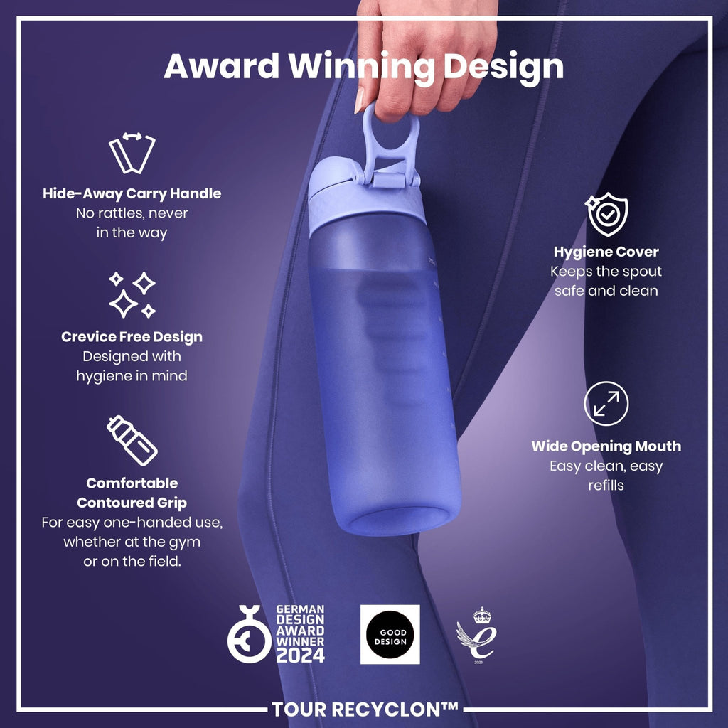 Light purple 750ml Recyclon water bottle by ION8, showcasing a sleek, reusable bottle with a secure lid and modern design.