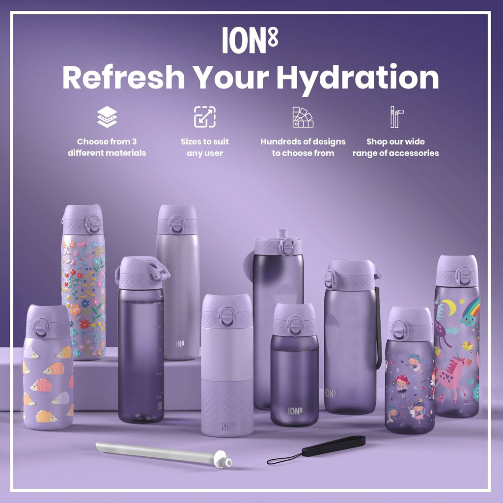 Light purple ION8 Recyclon water bottle, 750ml capacity, made from recycled materials, with a sleek design and secure lid.