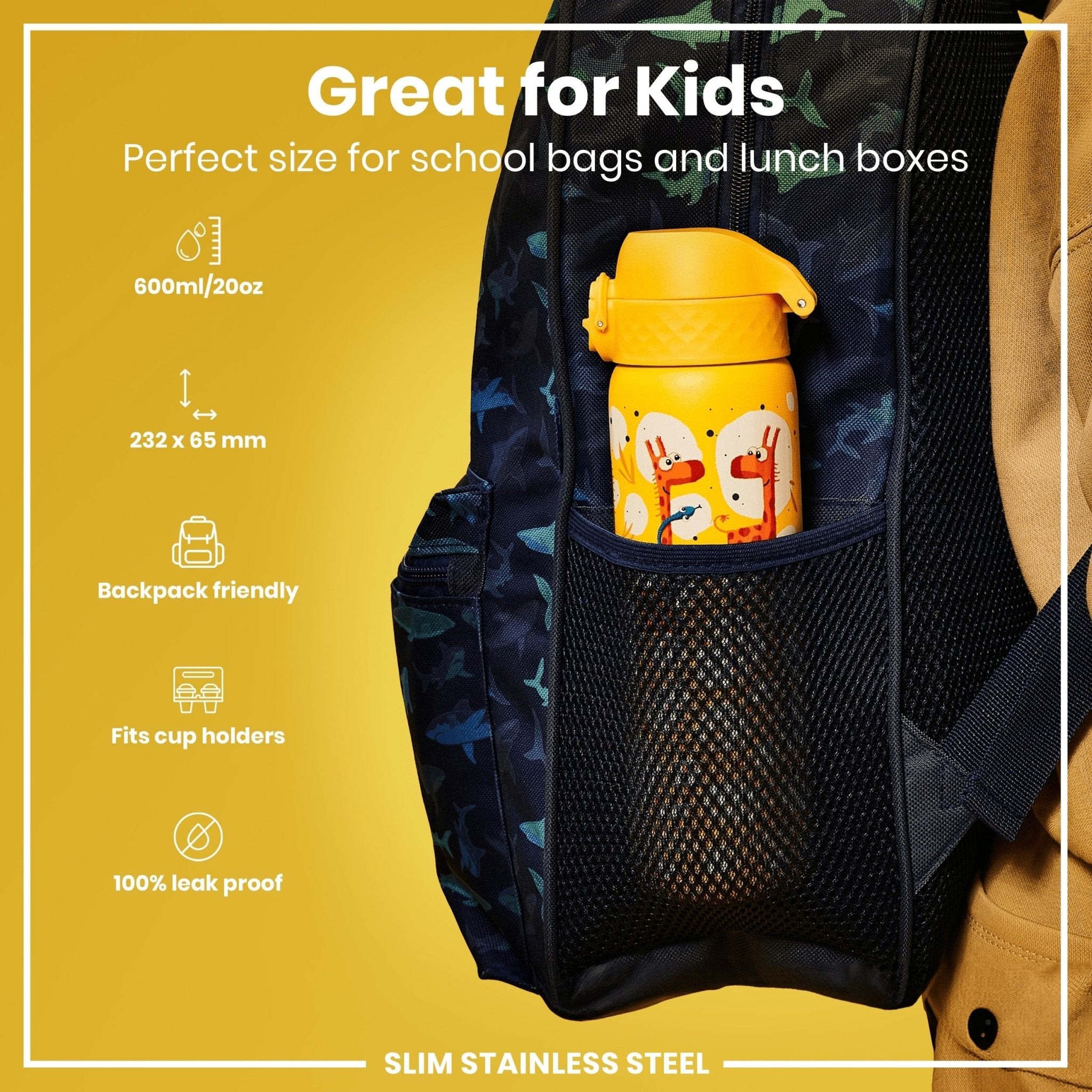ION8 stainless steel slim water bottle with giraffe design, 600ml capacity, leak-proof, ideal for staying hydrated on the go.