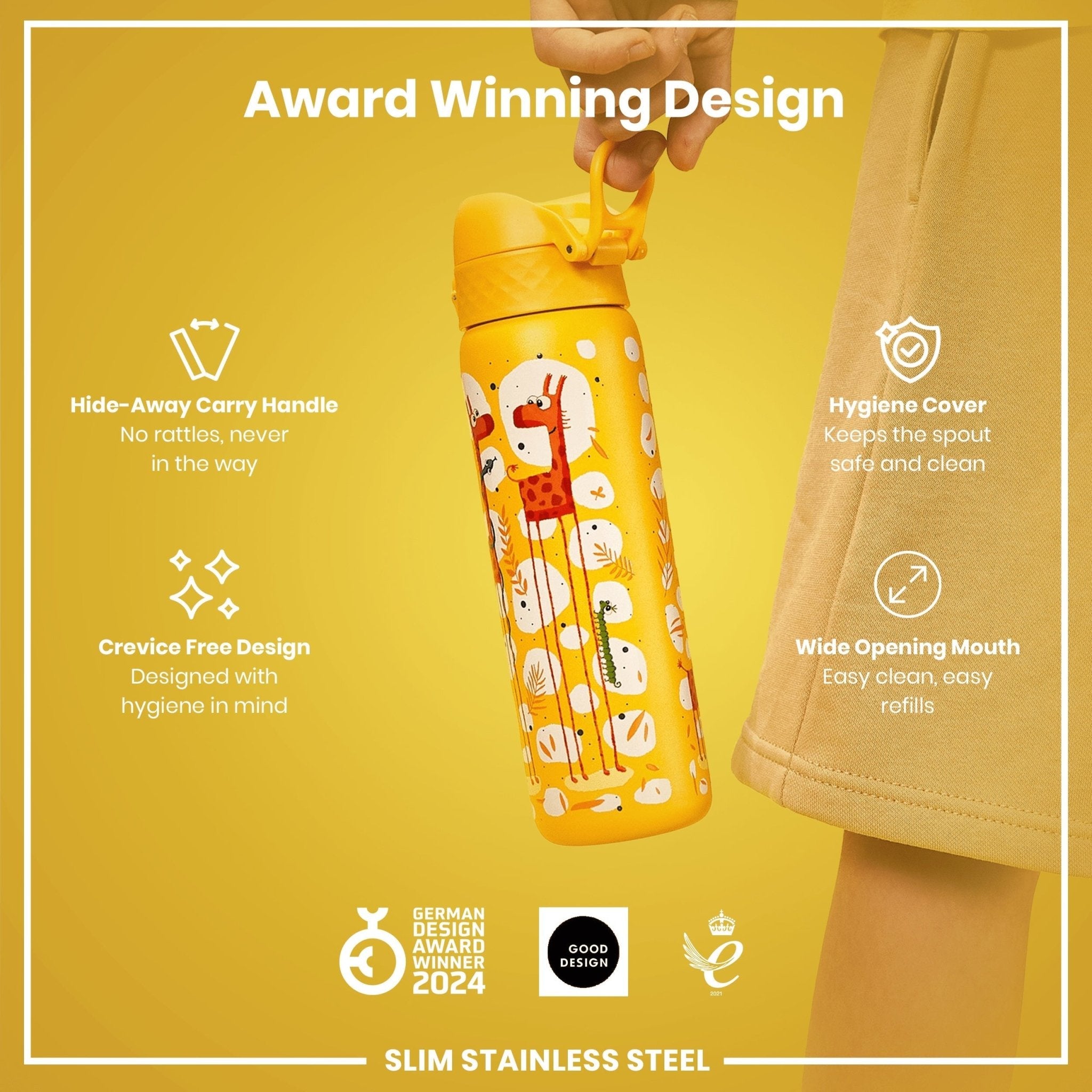 Ion8 leak-proof stainless steel water bottle with giraffe design, 600ml (20oz) capacity, slim shape for easy carrying.