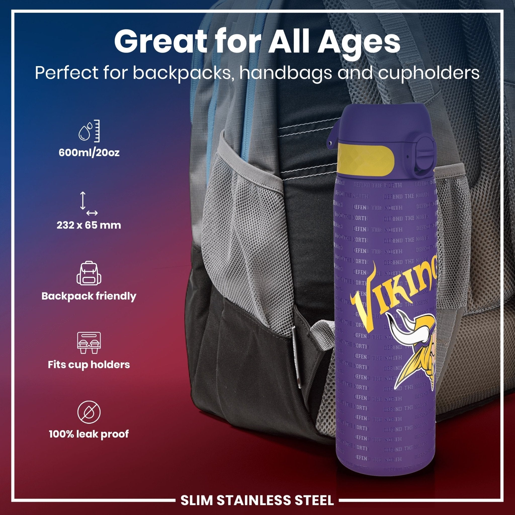 Ion8 stainless steel NFL water bottle featuring Minnesota Vikings logo, 600ml capacity, leak-proof design, ideal for sports and outdoor use.