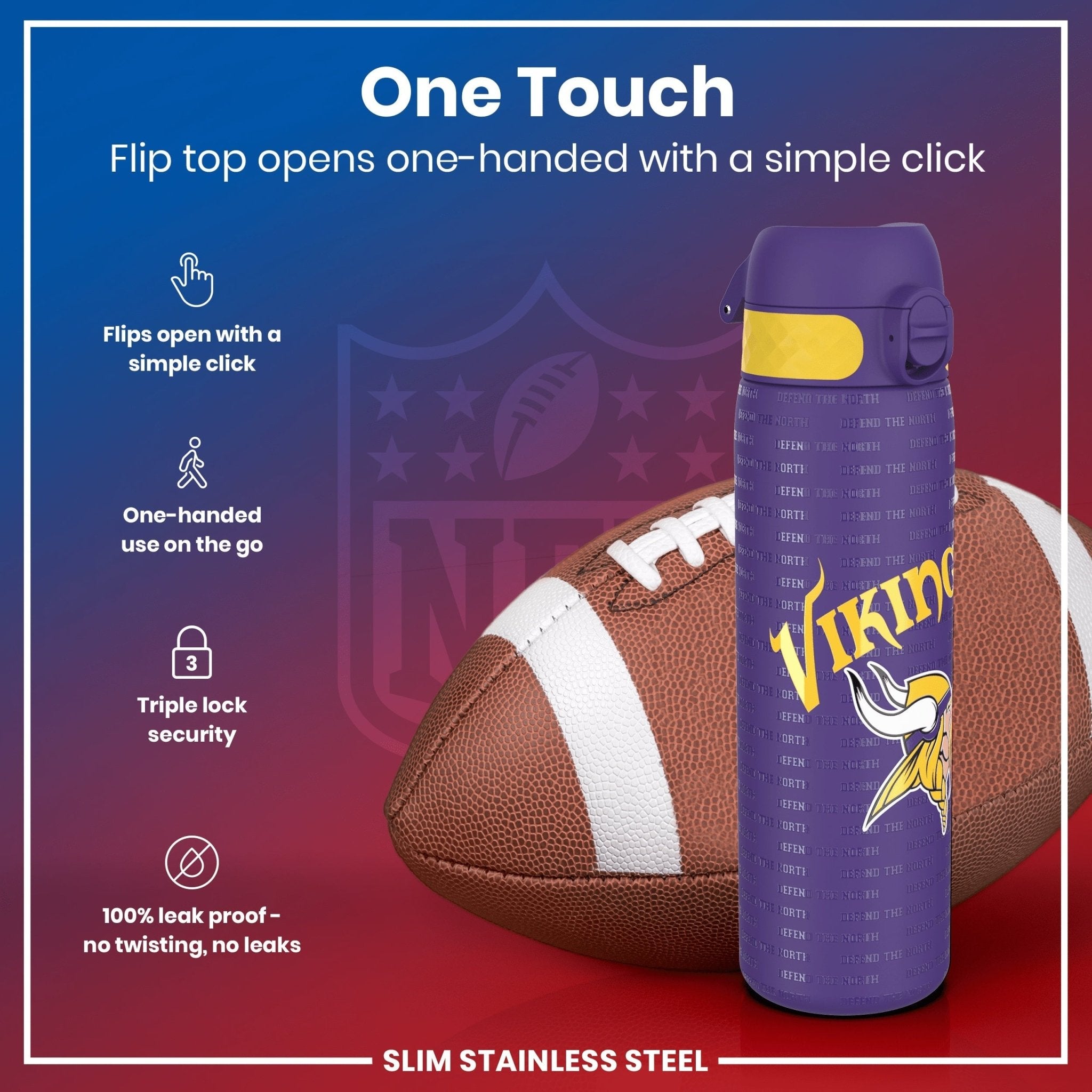 ION8 stainless steel NFL water bottle featuring Minnesota Vikings logo, leak-proof design, 600ml (20oz) capacity.