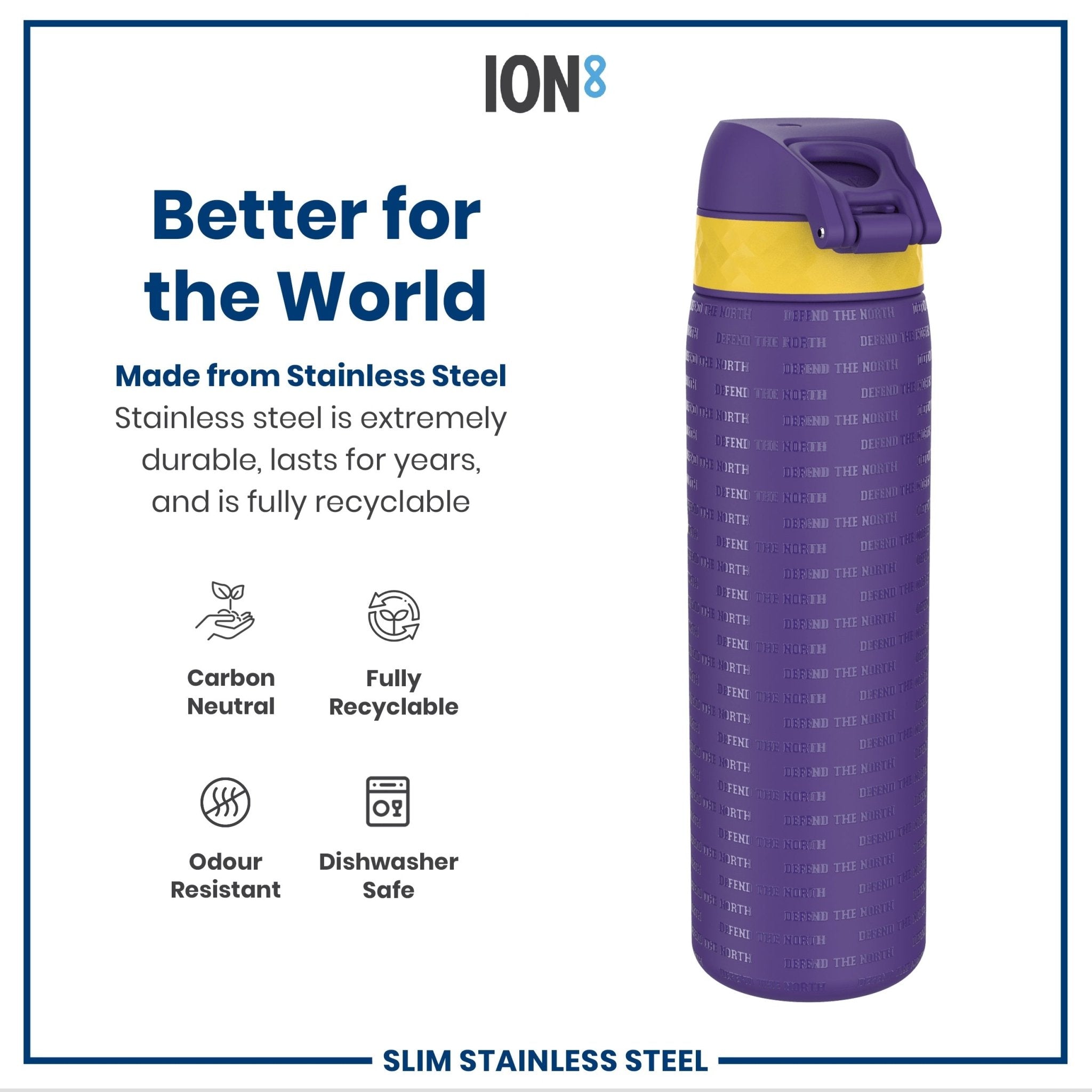 ION8 stainless steel NFL water bottle featuring Minnesota Vikings logo, leak-proof design, 600ml capacity, durable sports water bottle.