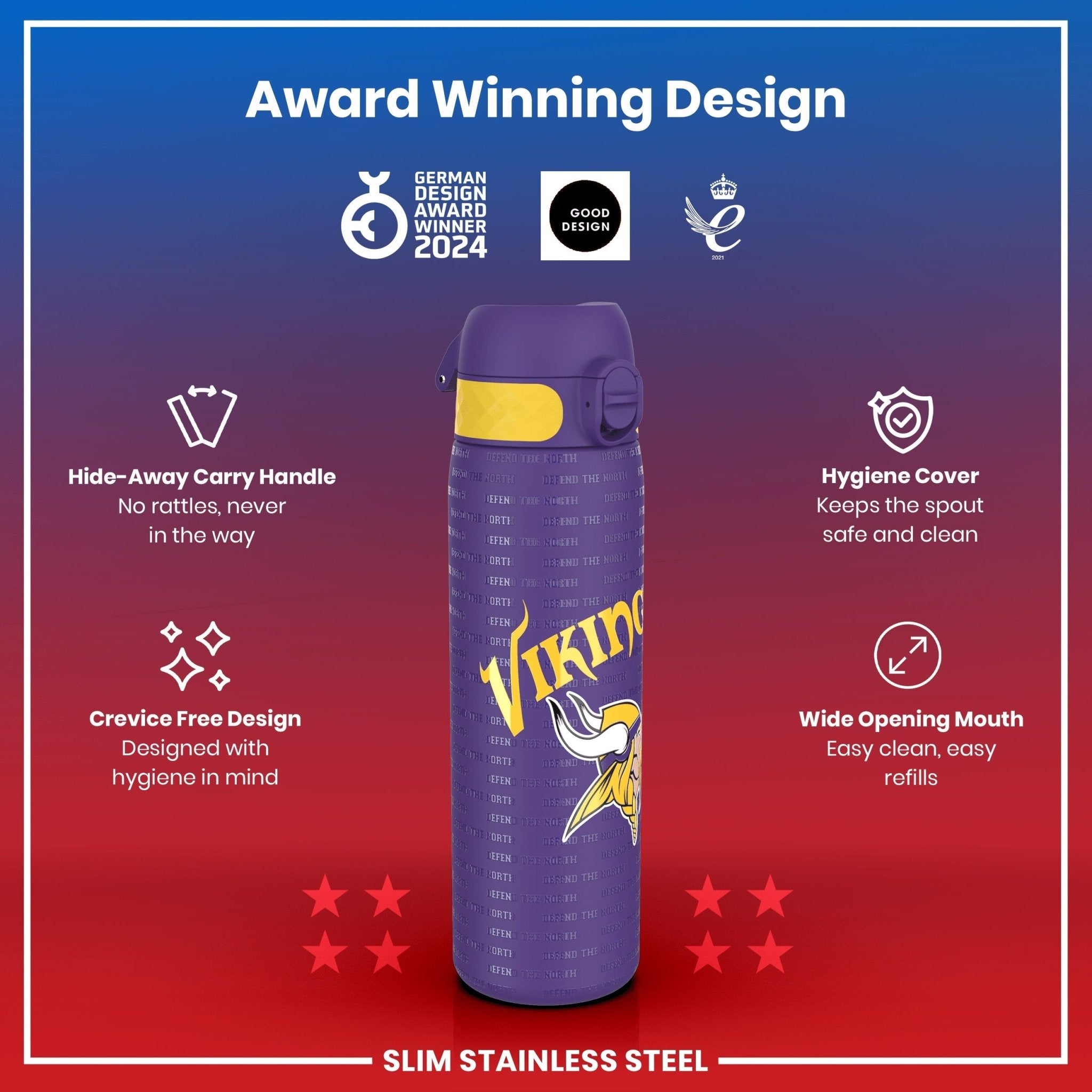 Stainless steel NFL water bottle by ION8 featuring Minnesota Vikings logo, 600ml (20oz) leak-proof design.