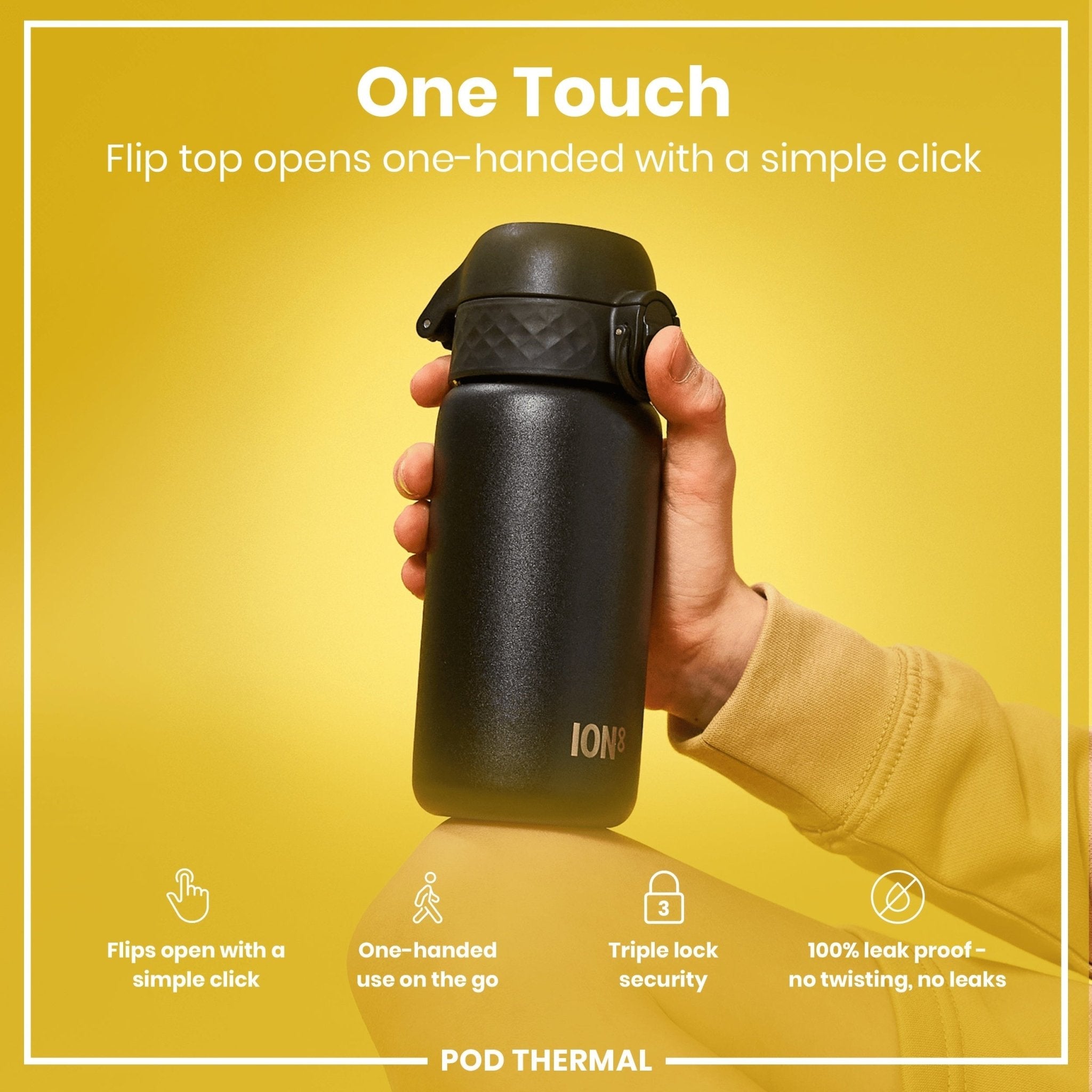 ION8 black insulated steel water bottle, leak-proof thermal design, 320ml capacity, suitable for hot and cold beverages.