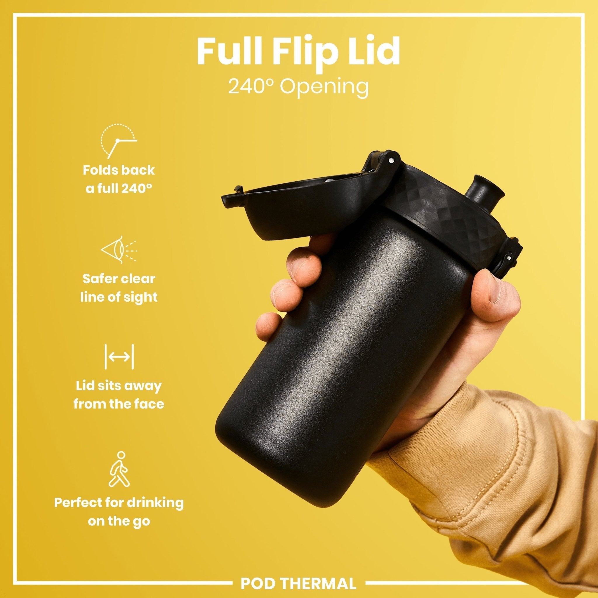 Black ION8 insulated steel water bottle, leak-proof thermal design, 320ml (11oz), durable and portable for on-the-go hydration.