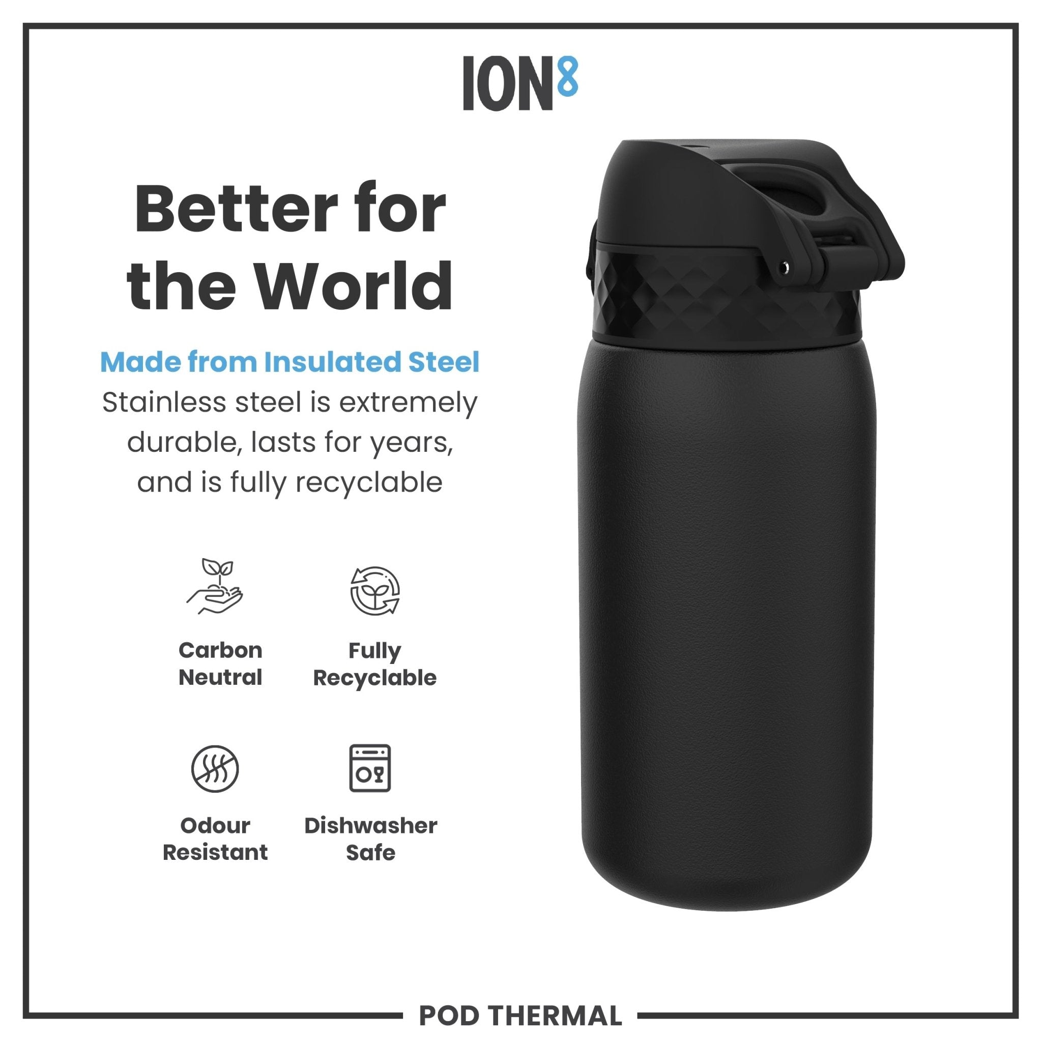 ION8 black insulated steel water bottle with leak-proof design, 320ml capacity, ideal for hot and cold beverages.