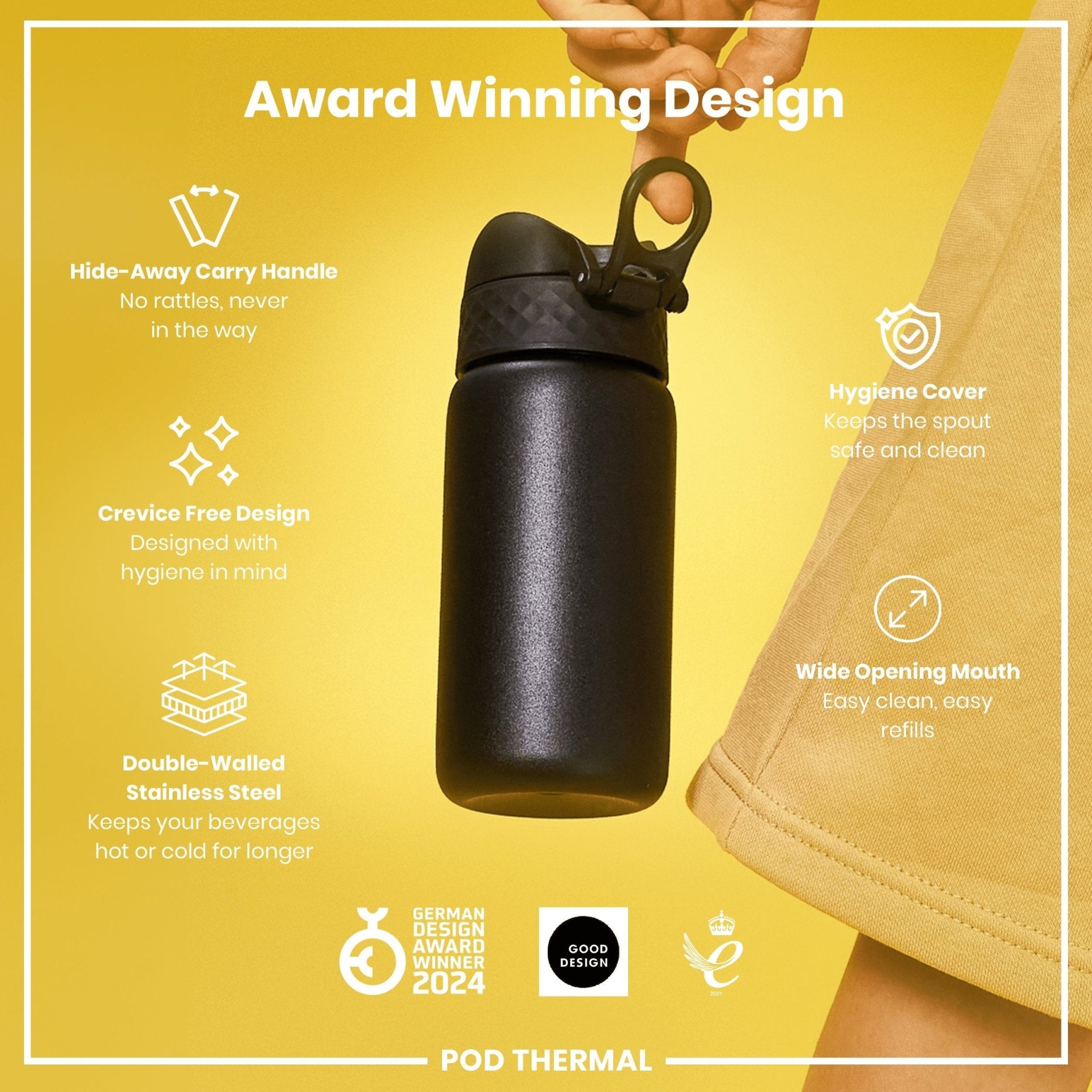 ION8 black insulated steel water bottle with leak-proof design, thermal insulation, 320ml capacity, 11oz.
