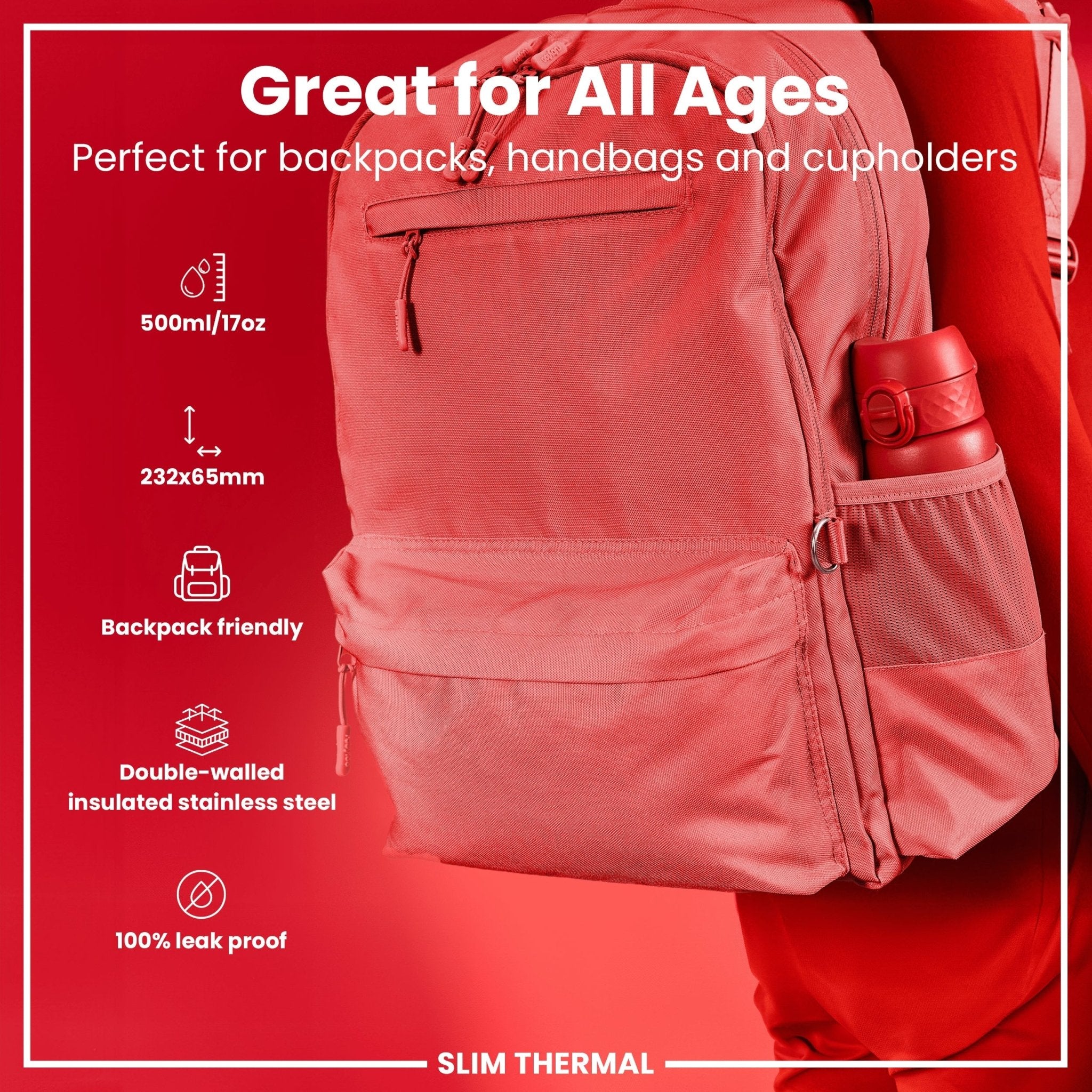 Red ION8 leak-proof slim thermal steel insulated water bottle with 500ml capacity, showing smooth metallic finish and secure lid.