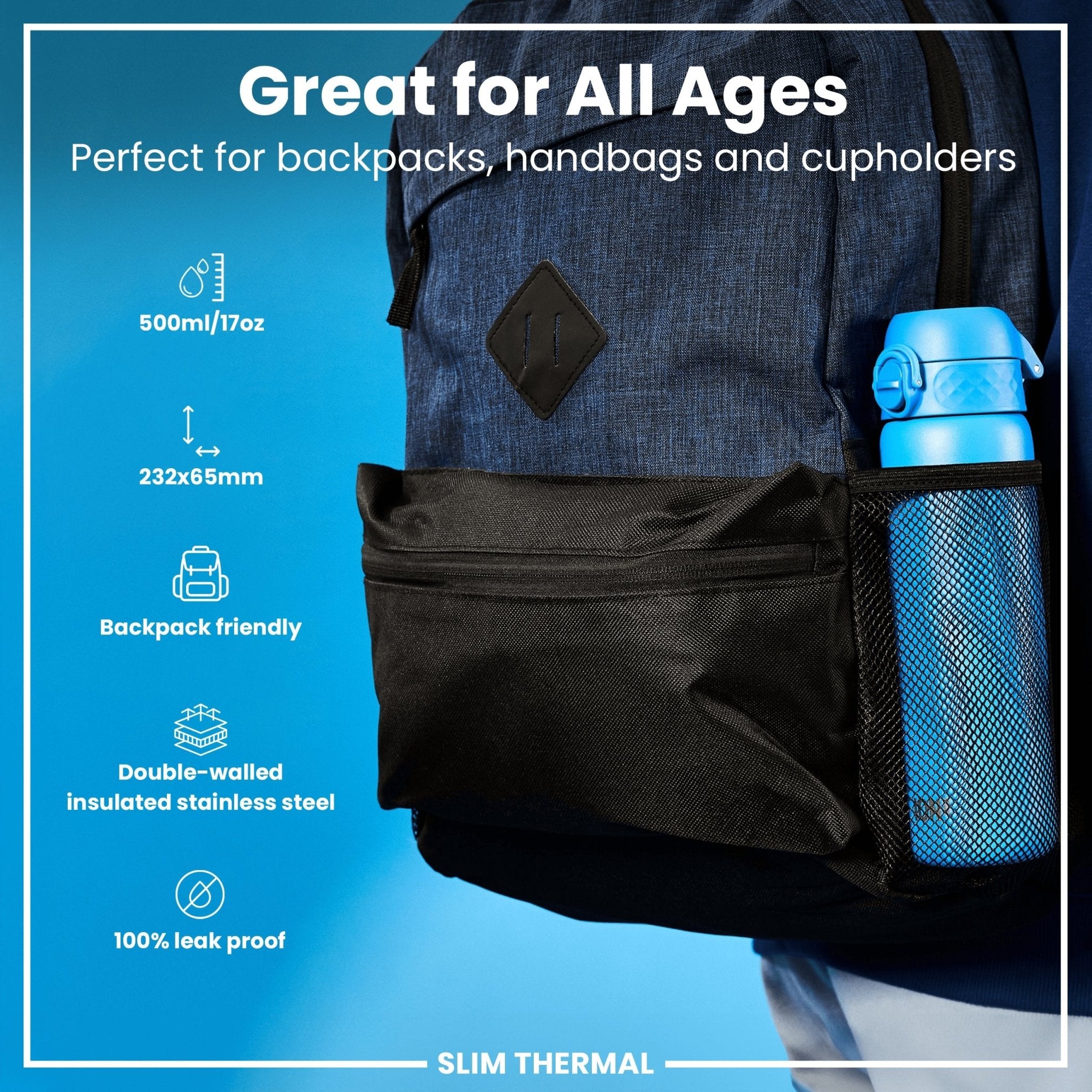 Blue ION8 leak-proof slim thermal steel water bottle, 500ml insulated water bottle with a sleek design and secure lid.