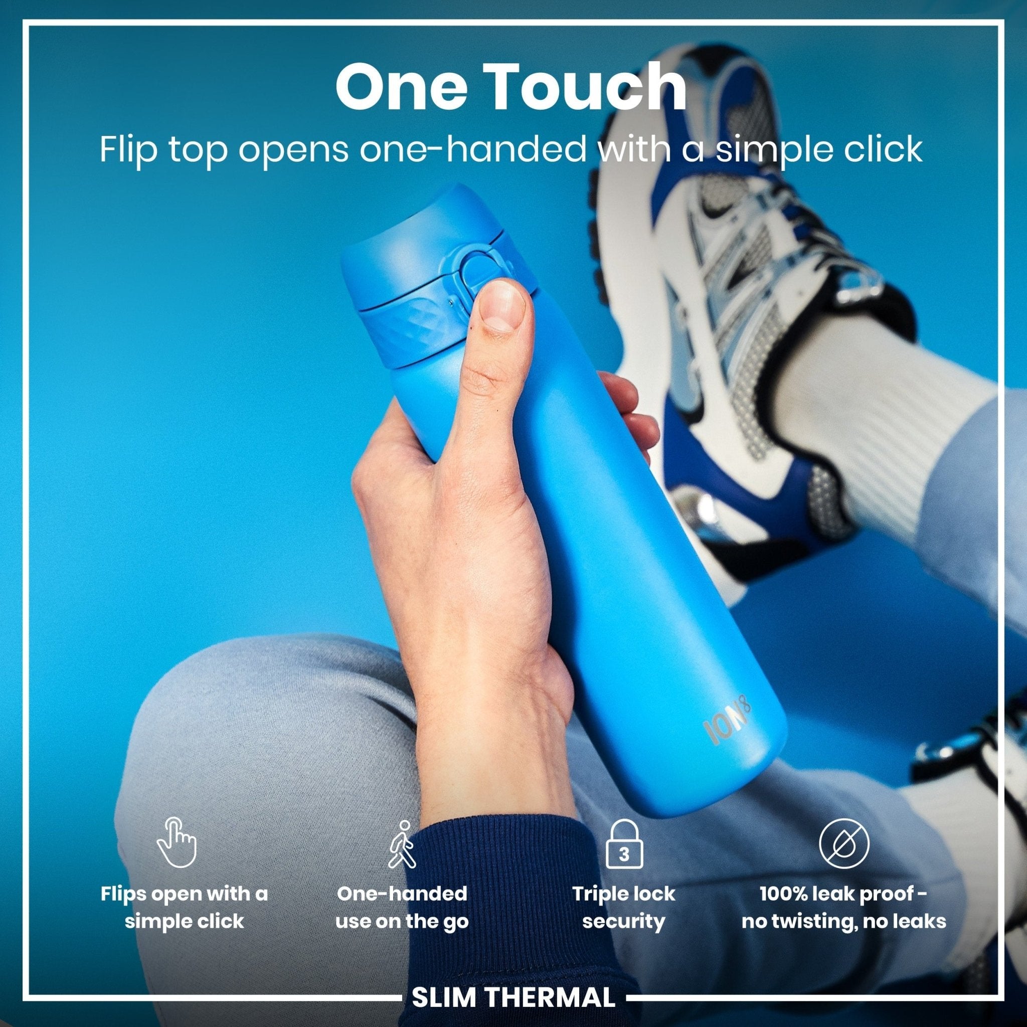 Blue ION8 leak-proof slim thermal steel water bottle, 500ml insulated water bottle with secure lid and sleek design.