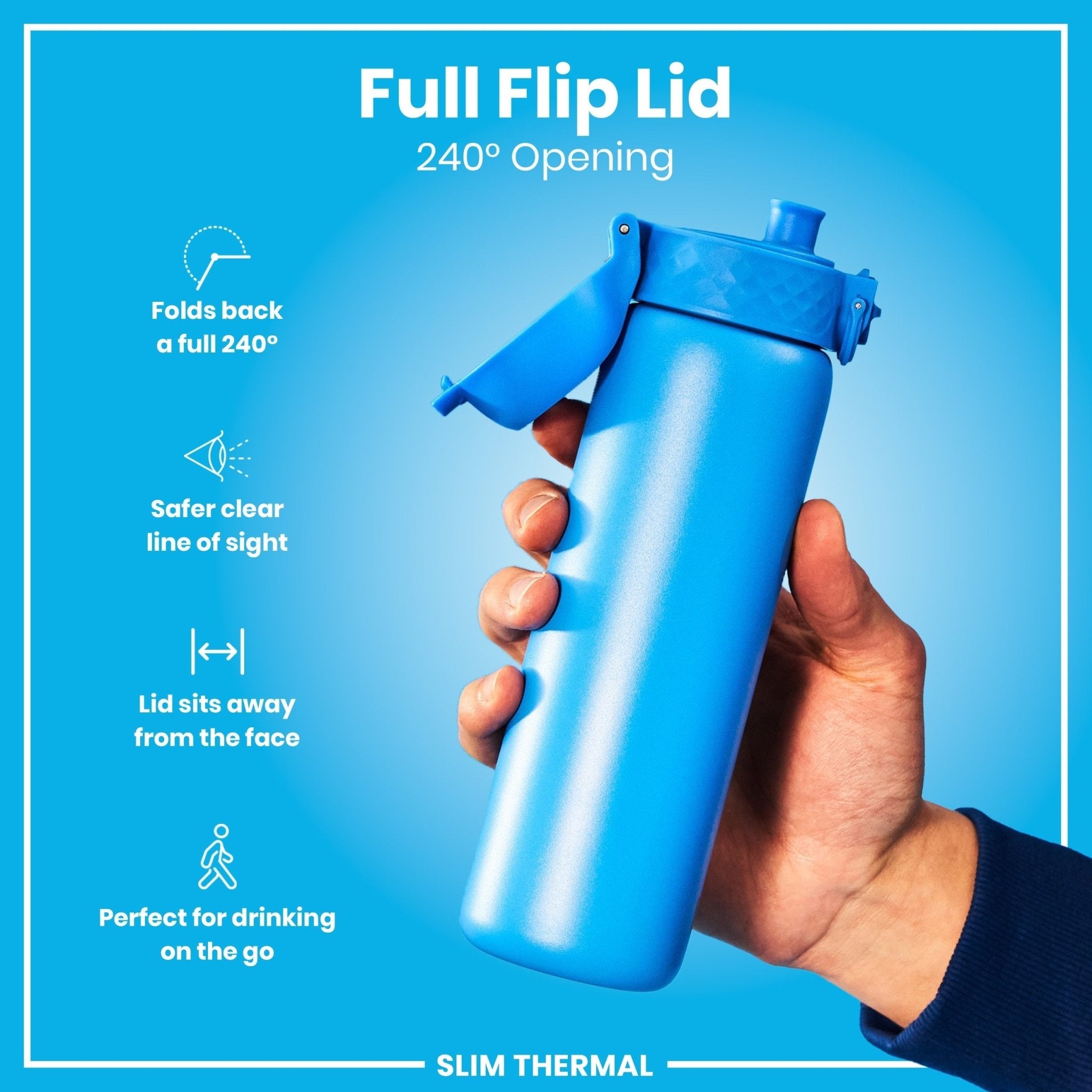 ION8 leak-proof slim thermal steel water bottle in blue, 500ml insulated water bottle with a sleek design and secure cap