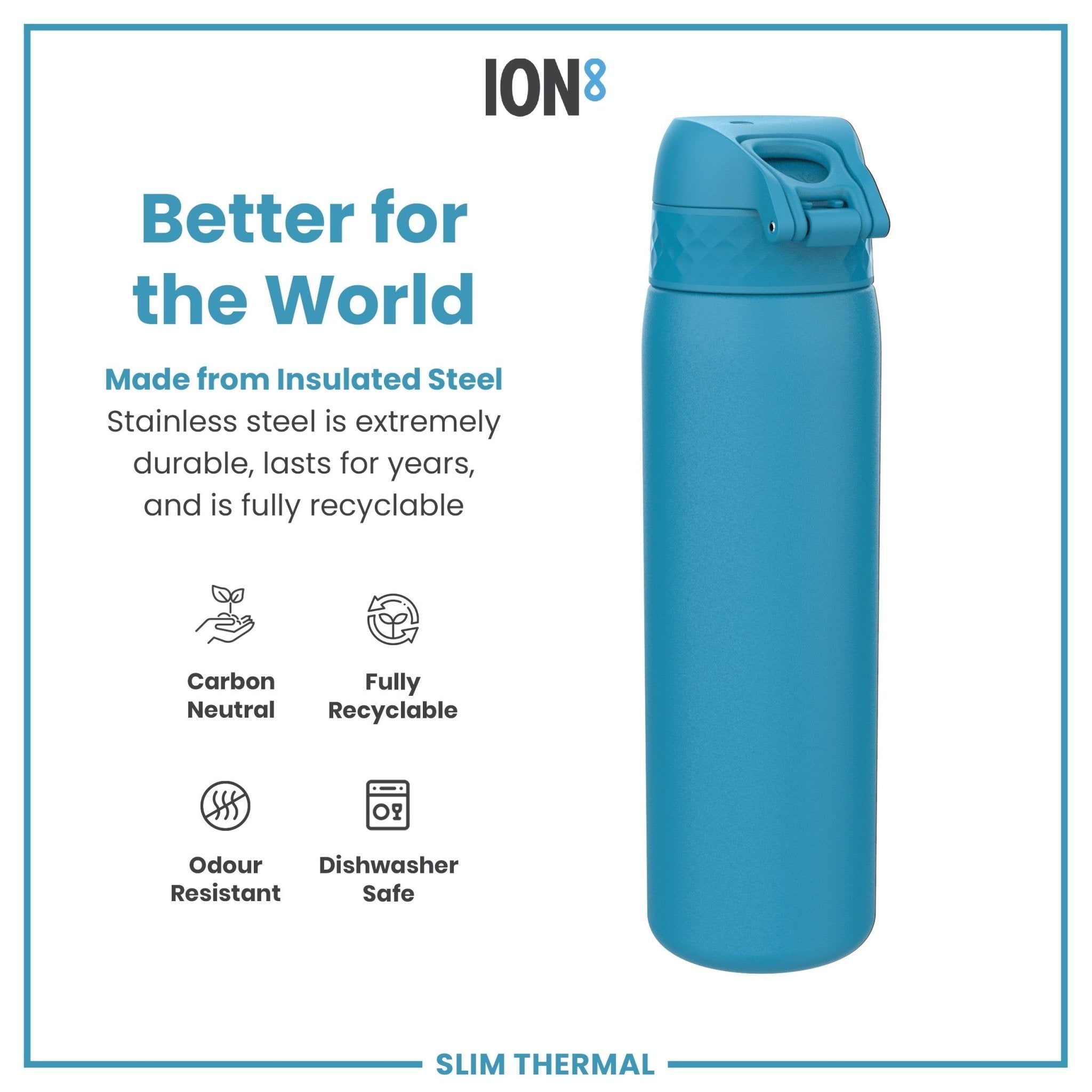 Blue ION8 leak-proof slim thermal steel water bottle, 500ml insulated design with a sleek, modern appearance.