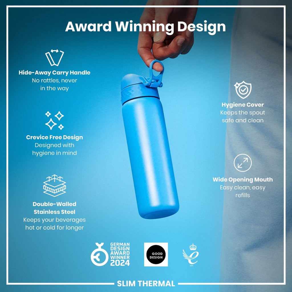 Blue ION8 leak-proof slim thermal steel water bottle, 500ml insulated water bottle with a sleek design and stainless steel construction.