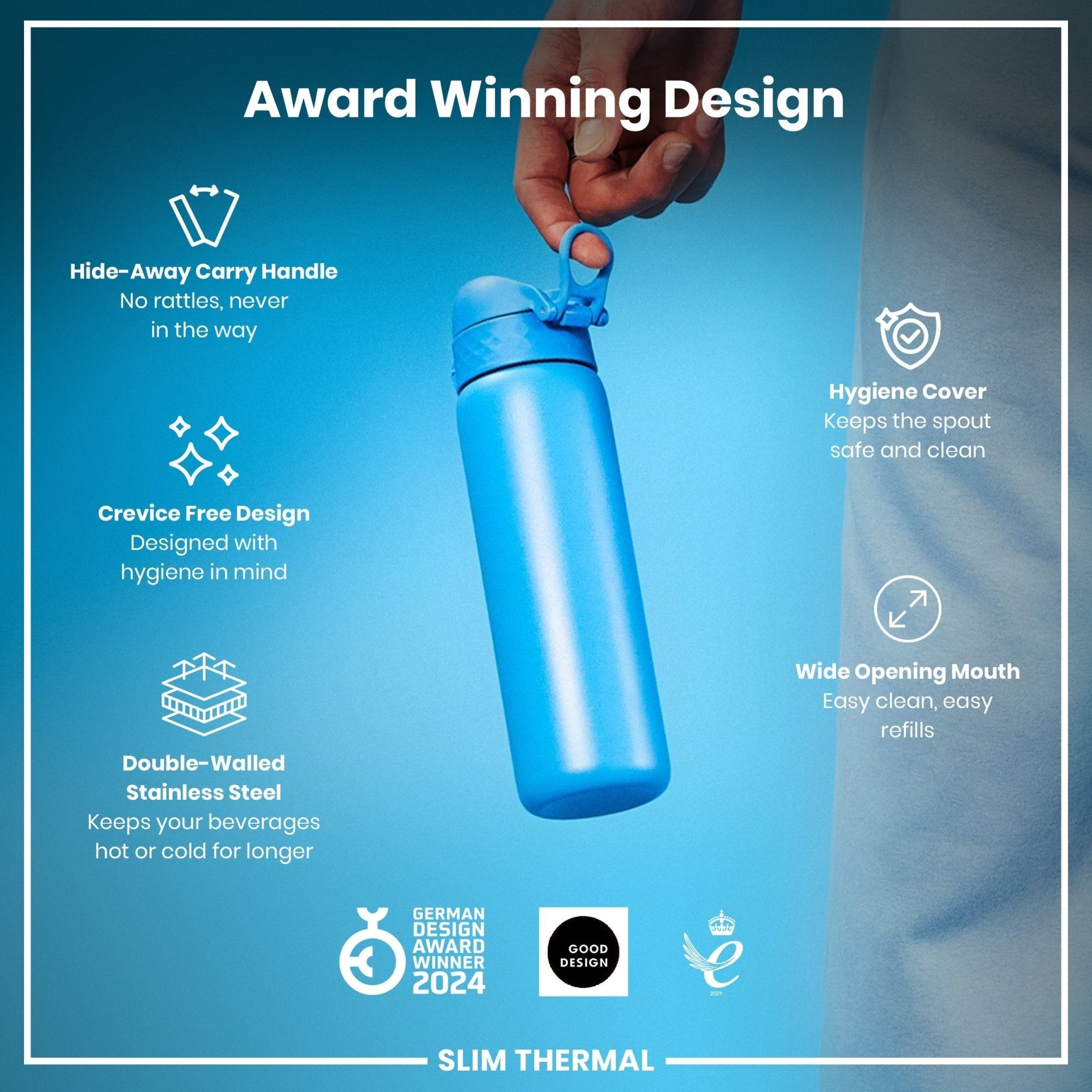 Blue ION8 leak-proof slim thermal steel water bottle, 500ml insulated water bottle with a sleek design and stainless steel construction.