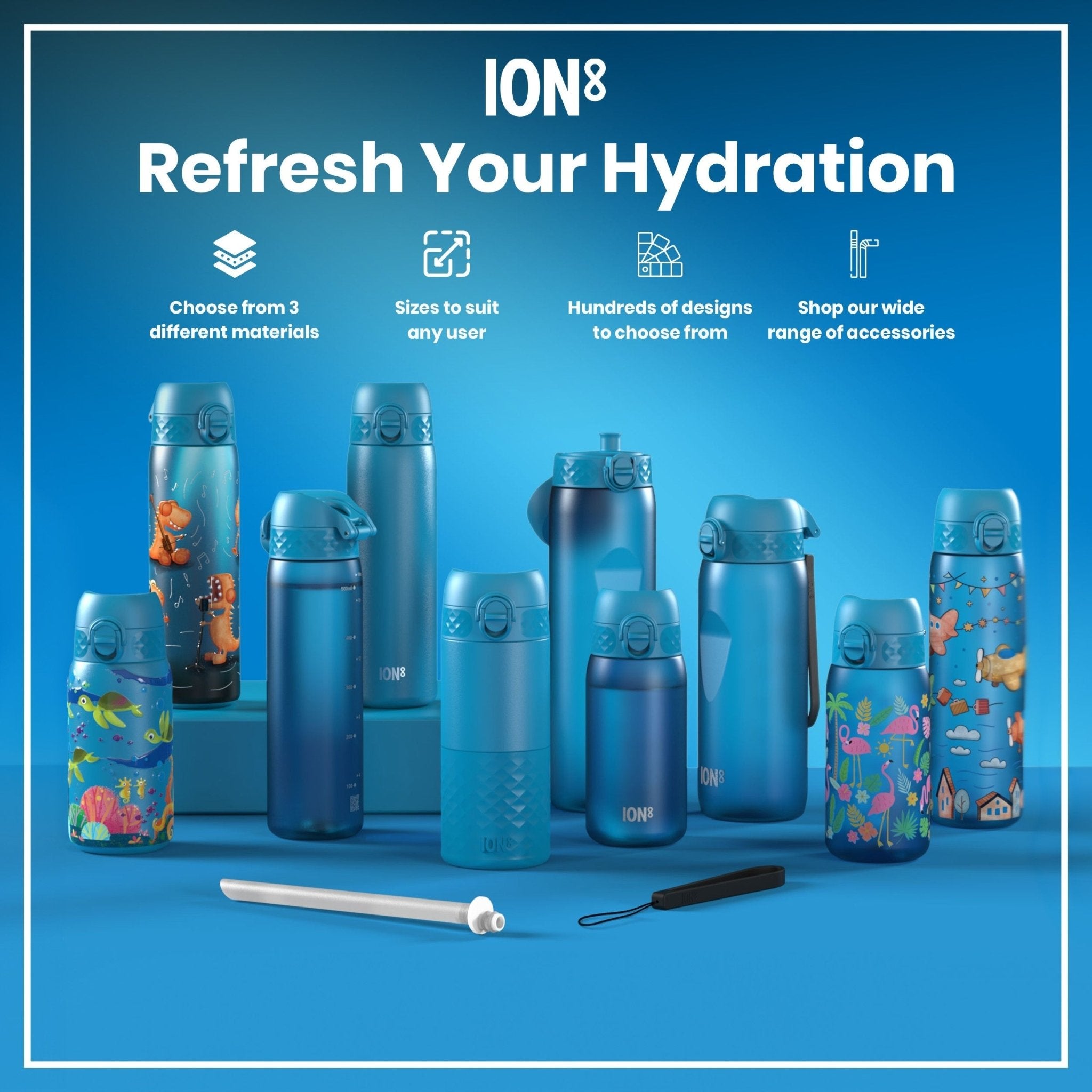 Blue ION8 insulated steel water bottle, 500ml leak-proof slim thermal bottle with lid, designed for hot and cold beverages.