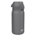 ION8 leak-proof thermal steel water bottle in grey with 320ml capacity, insulated design, and sleek exterior.