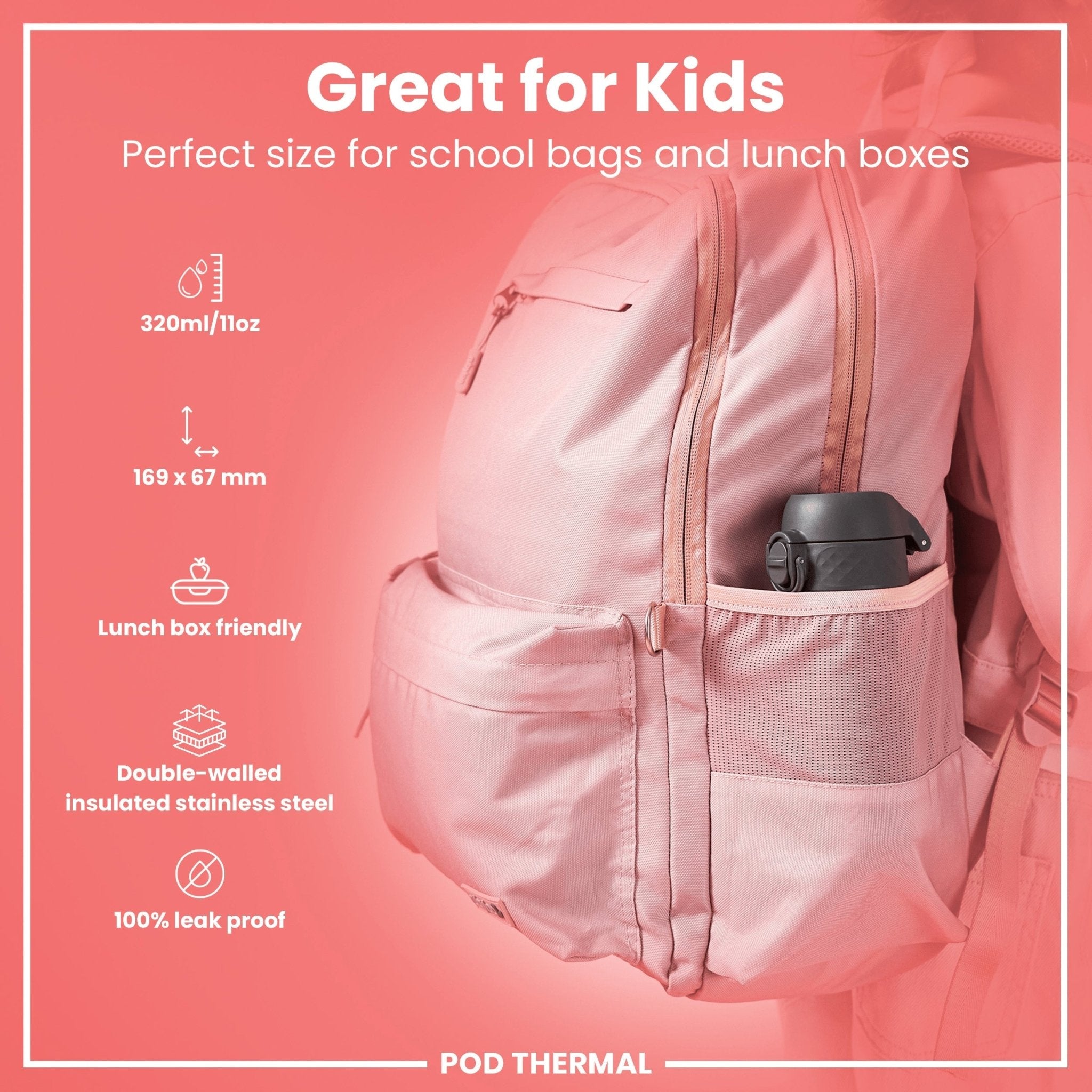 ION8 insulated steel water bottle in grey with leak-proof design, 320ml capacity, featuring thermal insulation for hot and cold drinks.