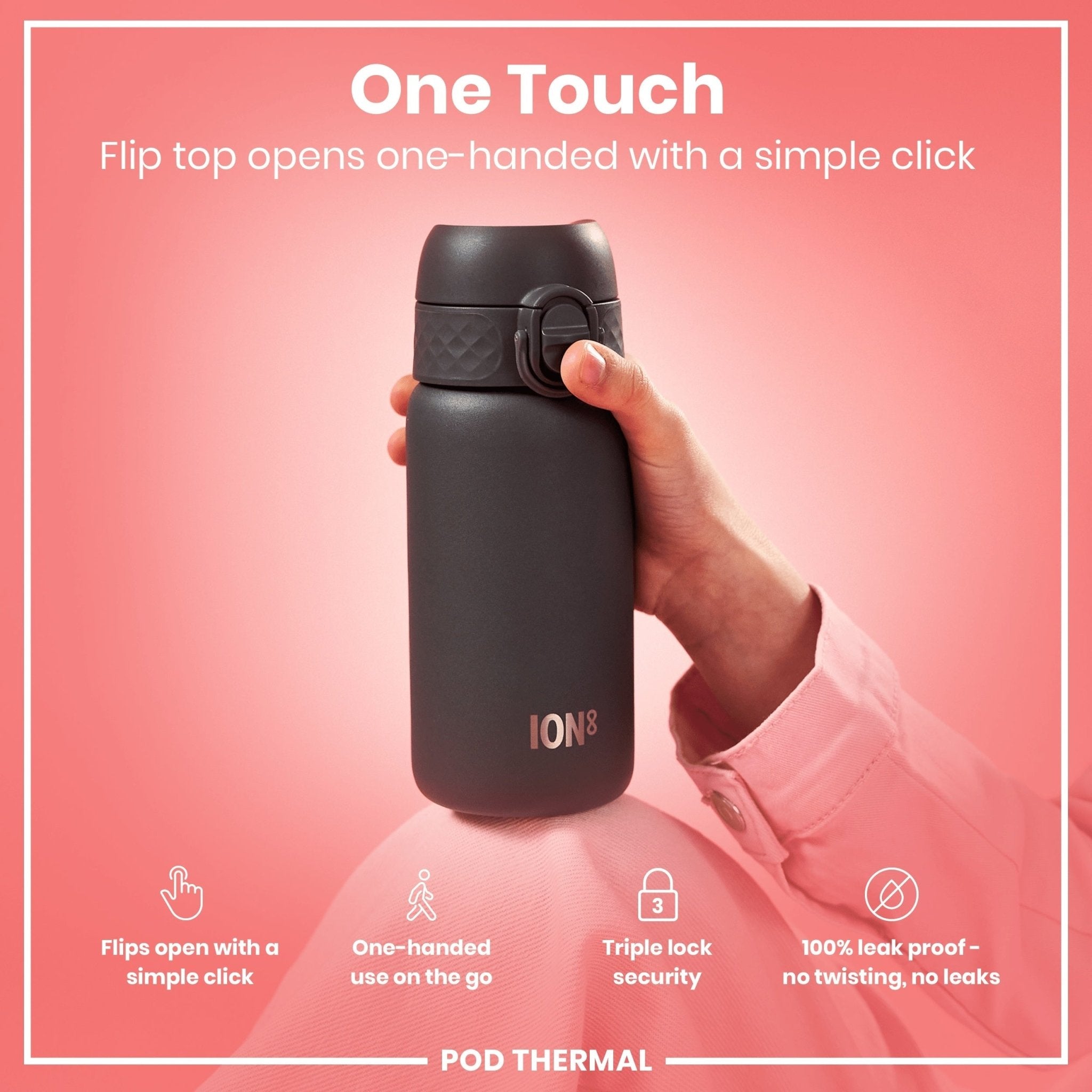 Ion8 leak-proof thermal steel water bottle in grey, insulated and 320ml capacity, designed for hot and cold drinks.
