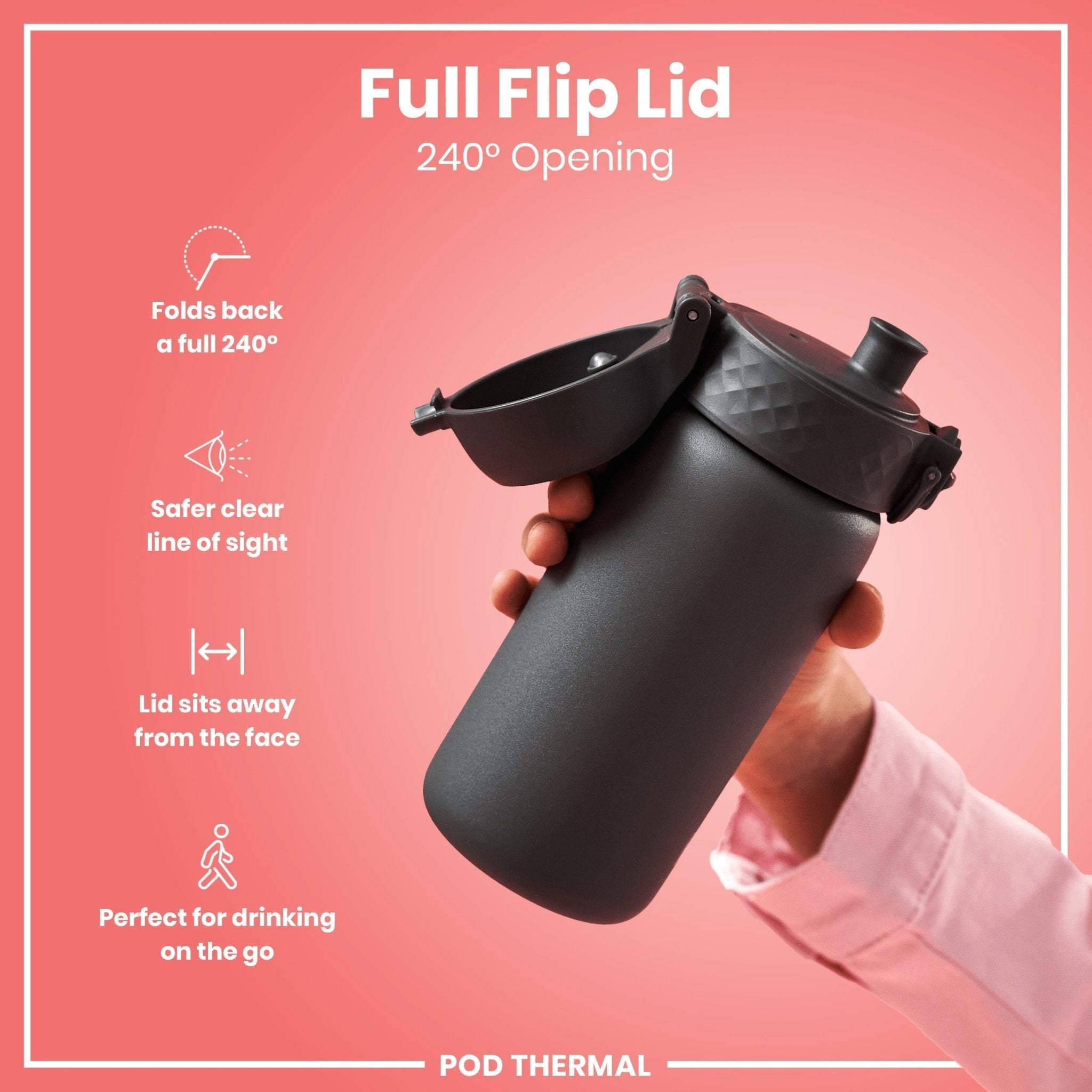 Ion8 insulated steel water bottle in grey with leak-proof design, 320ml capacity, ideal for keeping drinks hot or cold.