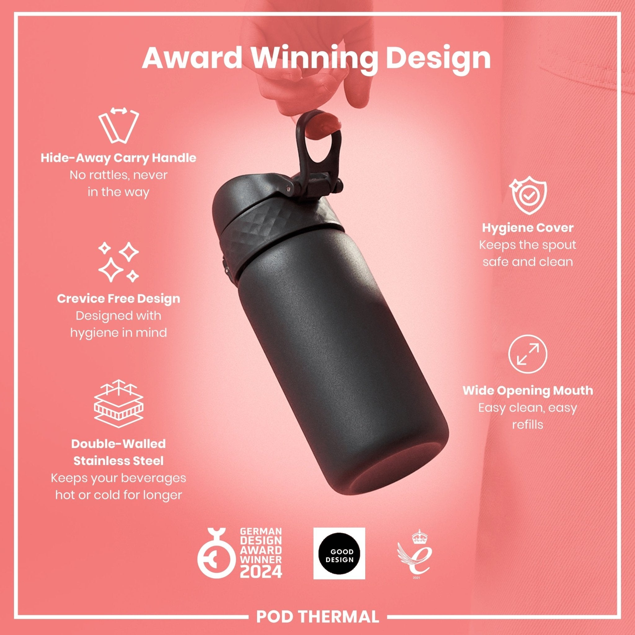 ION8 insulated steel water bottle in grey with leak-proof design, 320ml capacity, perfect for keeping drinks hot or cold.