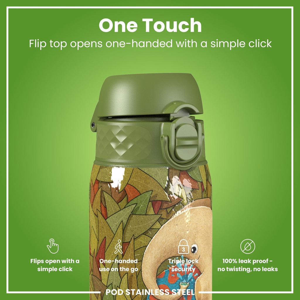Ion8 stainless steel leak-proof water bottle featuring an elephant design, 400ml (13oz) capacity, durable and portable.