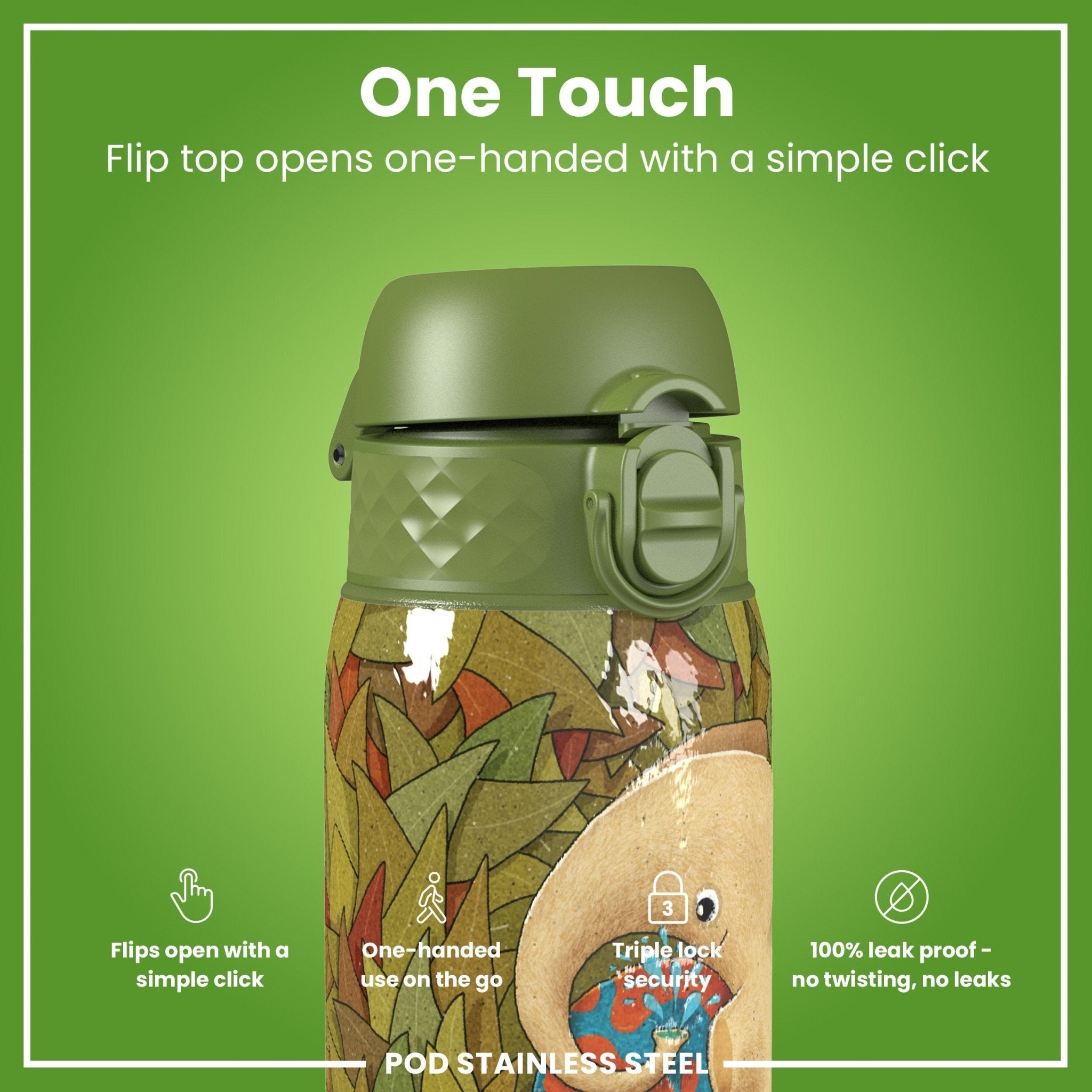 Ion8 stainless steel leak-proof water bottle featuring an elephant design, 400ml (13oz) capacity, durable and portable.