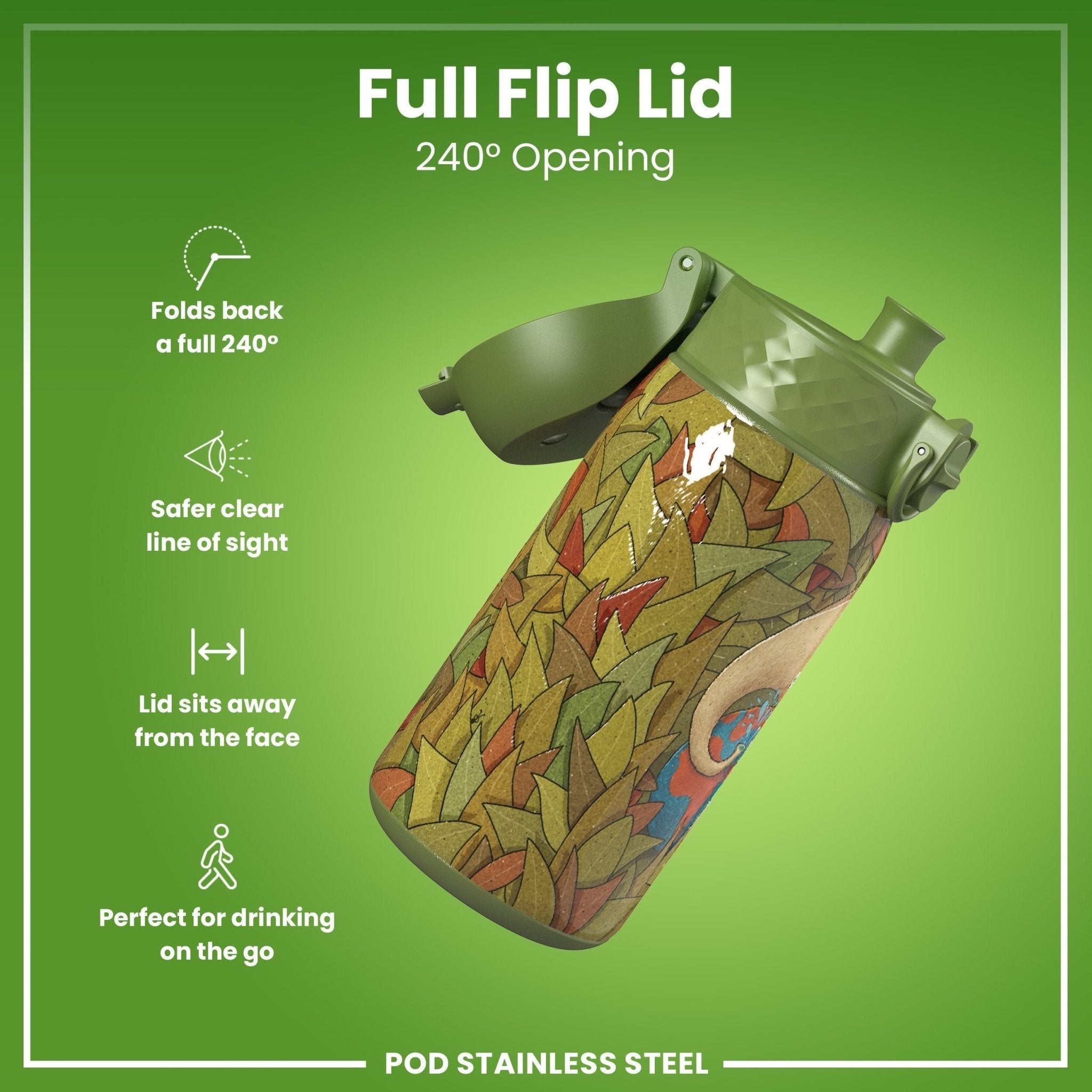 Stainless steel leak-proof water bottle with elephant design, 400ml capacity, by ION8, featuring a durable, eco-friendly construction.