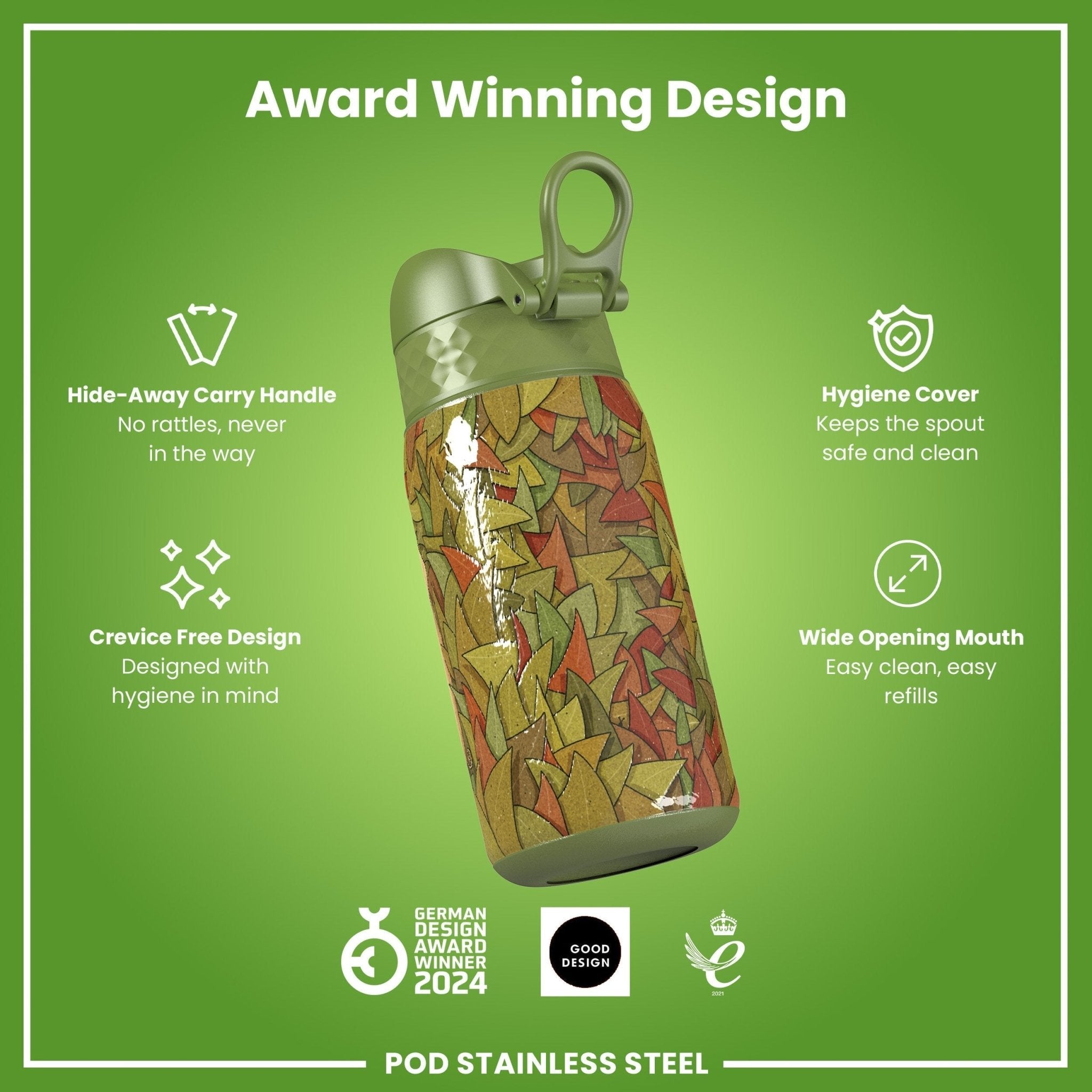 ION8 stainless steel leak-proof water bottle with elephant design, 400ml (13oz) capacity, durable and reusable for daily hydration.