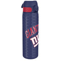 ION8 stainless steel NFL water bottle featuring New York Giants logo, leak-proof design, 600ml capacity, ideal for sports and hydration.