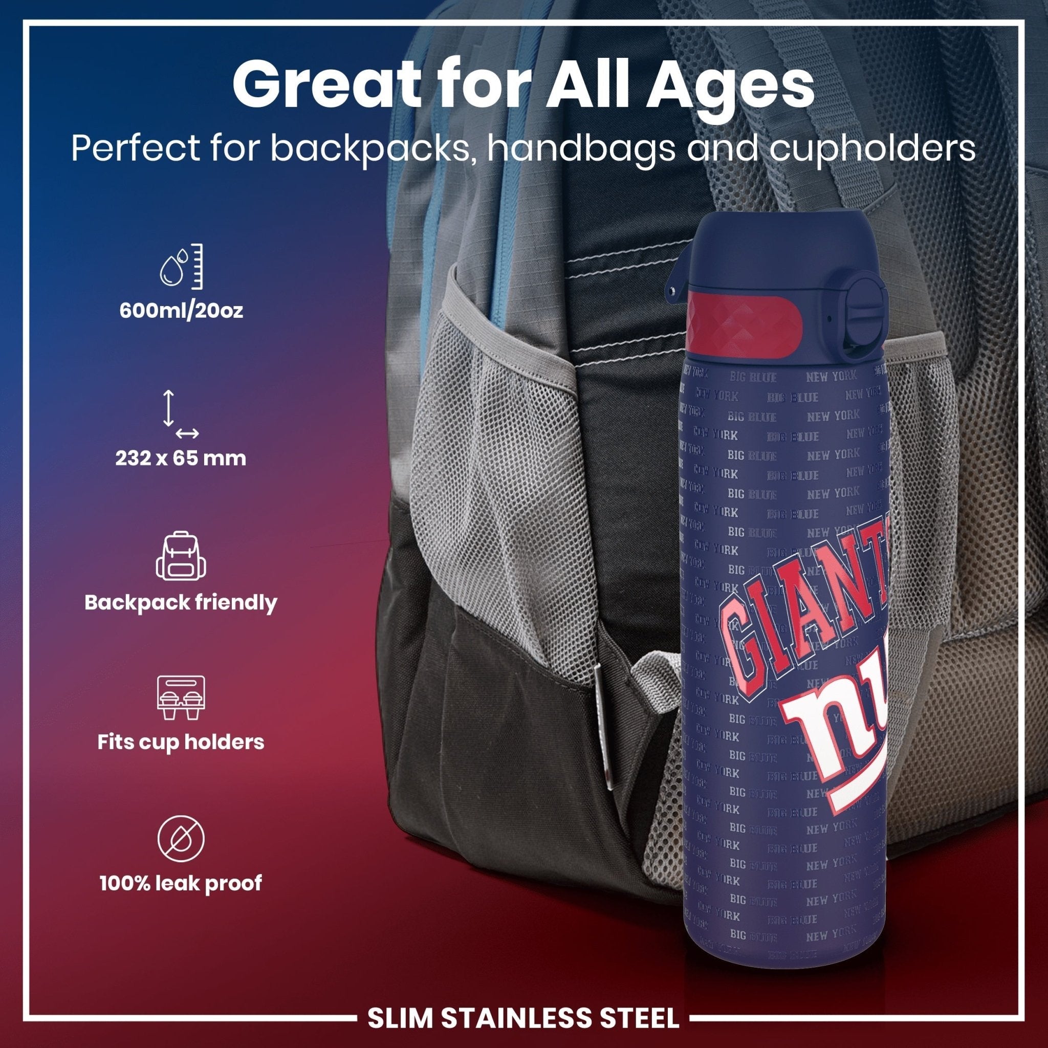 ION8 stainless steel NFL water bottle with New York Giants logo, leak-proof 600ml (20oz) sports water bottle for fans