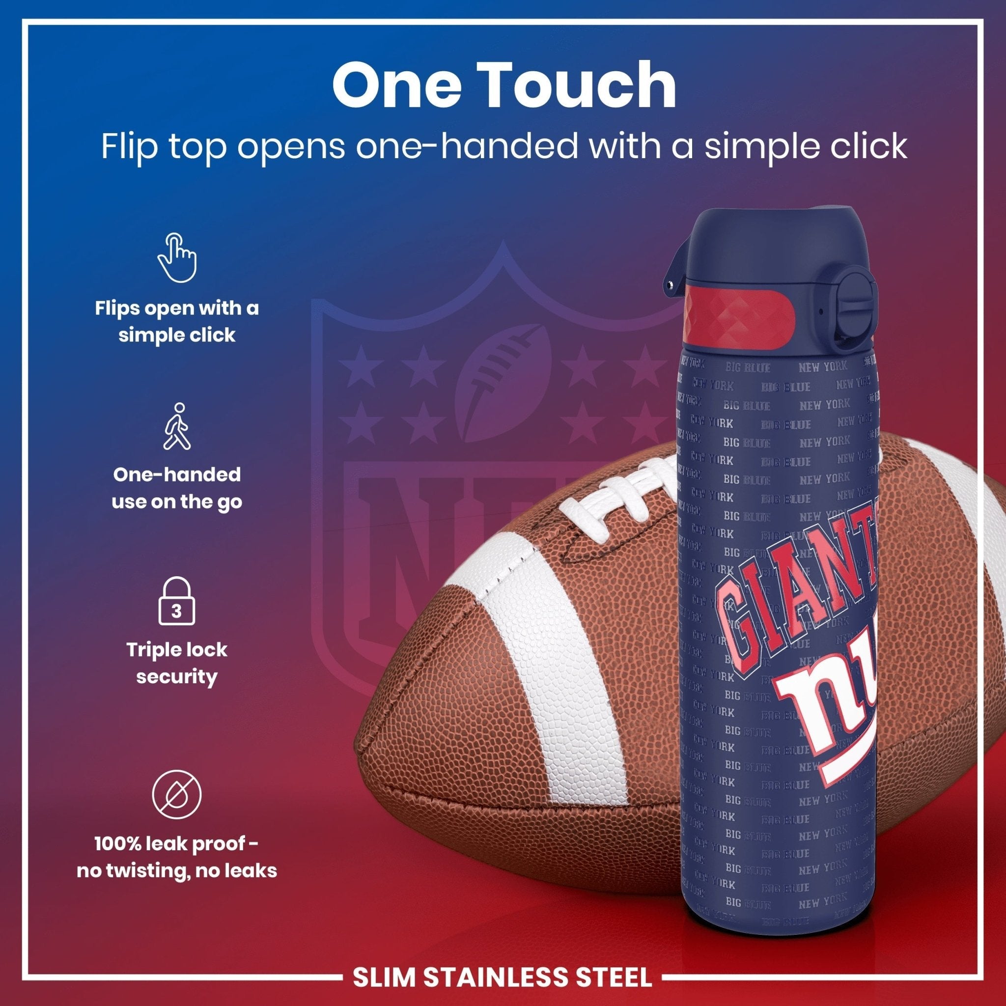 ION8 stainless steel NFL water bottle featuring the New York Giants logo, 600ml capacity, leak-proof design, and durable construction.