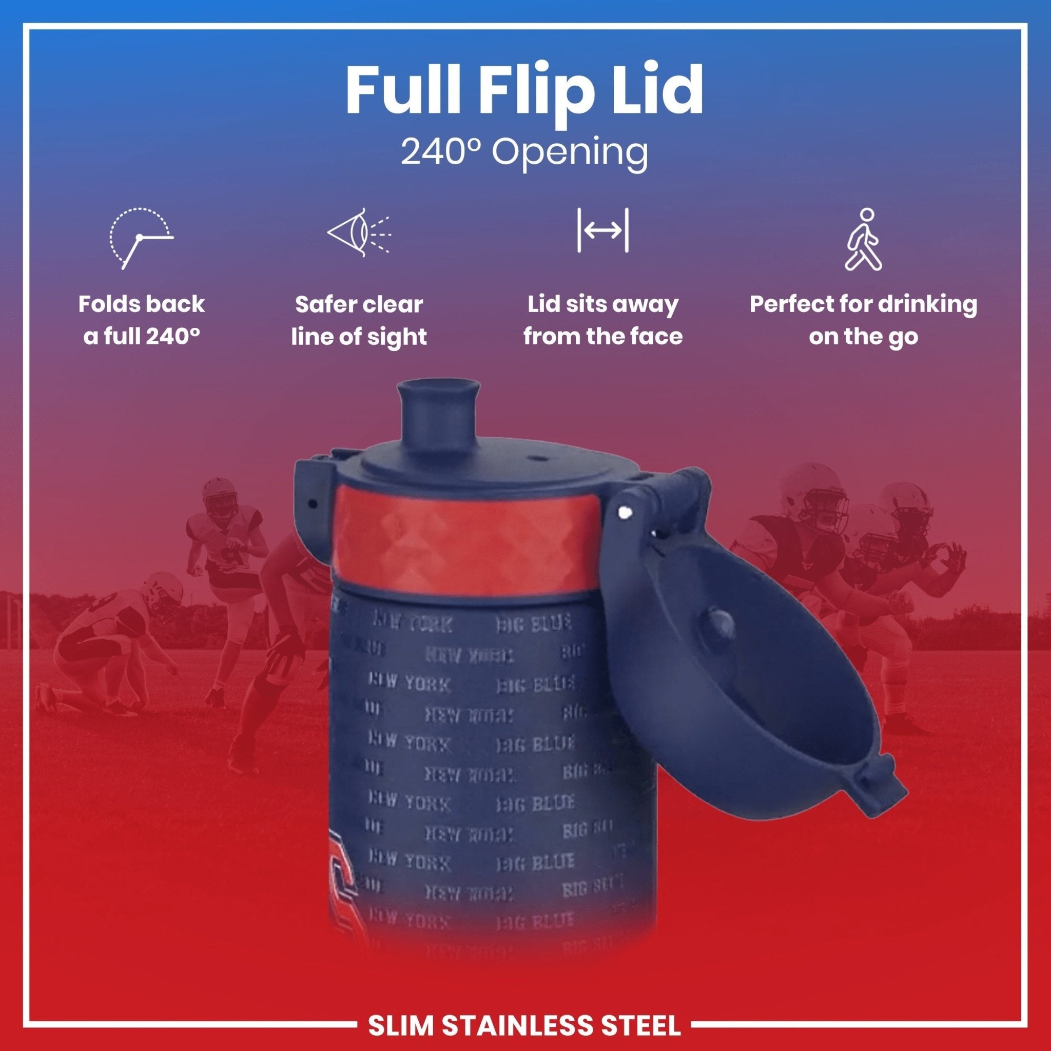 ION8 stainless steel NFL water bottle featuring New York Giants logo, 600ml leak-proof design, perfect for sports and outdoor use.