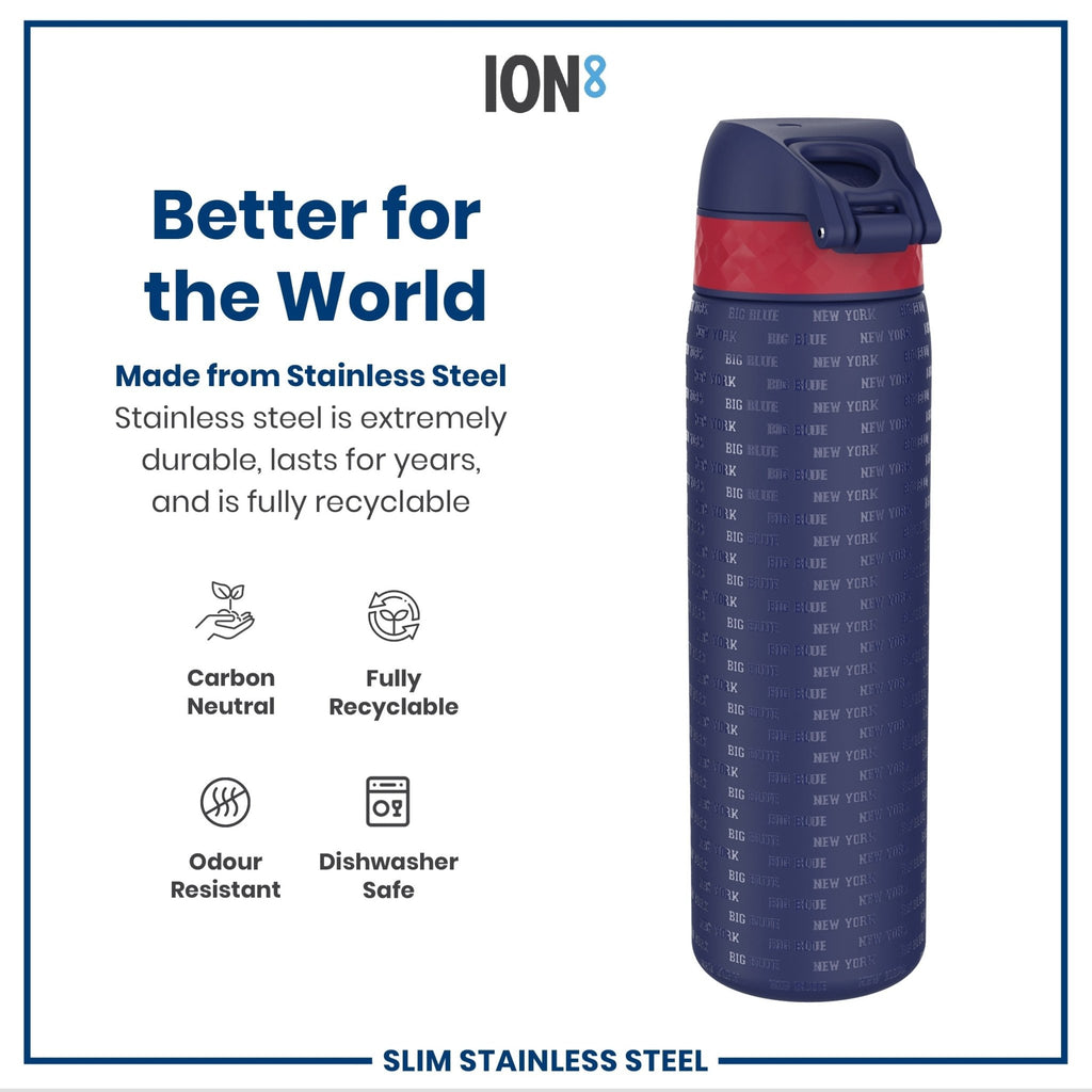 Ion8 stainless steel NFL water bottle featuring New York Giants logo, leak-proof design, 600ml capacity, perfect for sports and hydration.
