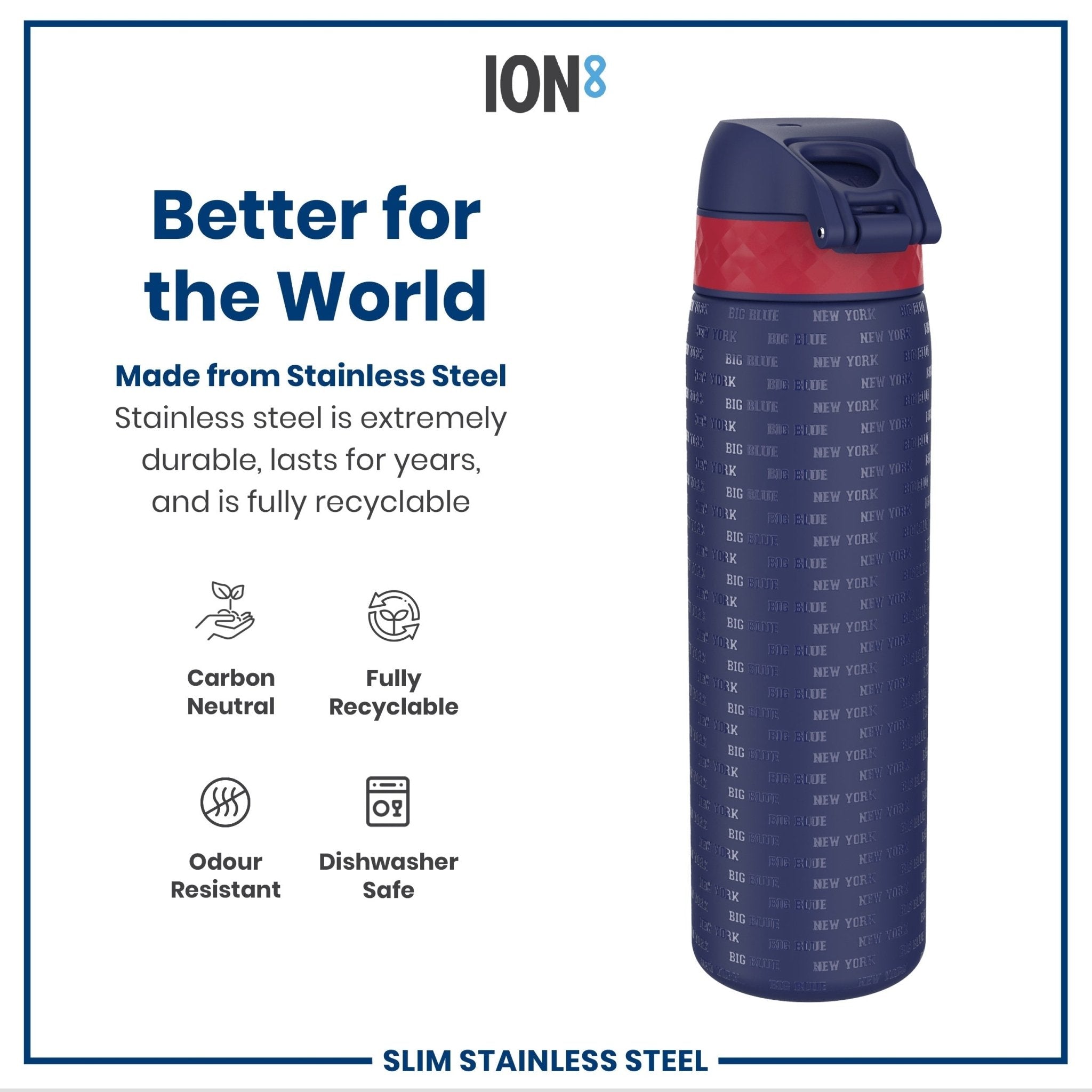 Ion8 stainless steel NFL water bottle featuring New York Giants logo, leak-proof design, 600ml capacity, perfect for sports and hydration.