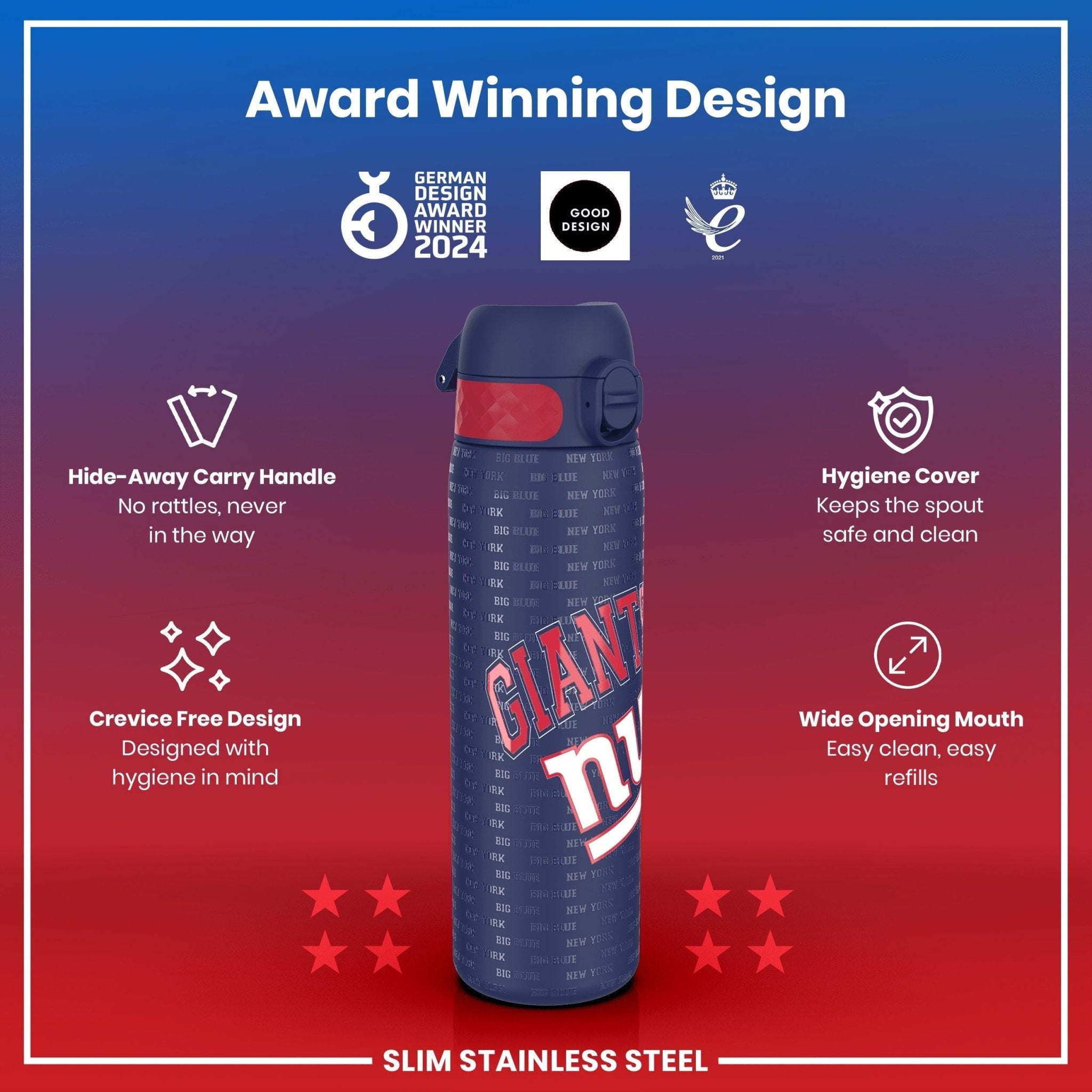 ION8 stainless steel water bottle with leak-proof design featuring New York Giants logo, 600ml (20oz) capacity.