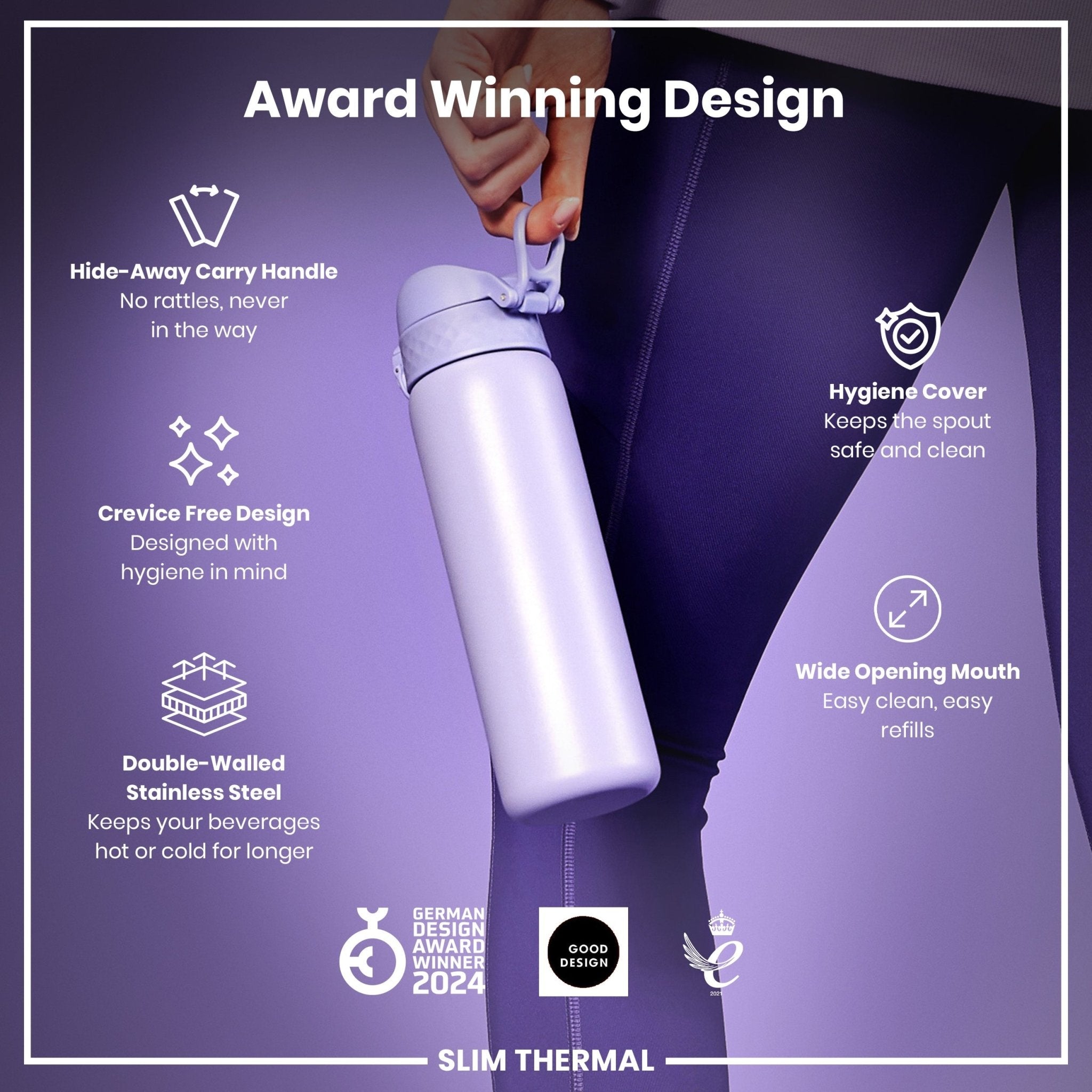 Light purple ION8 leak-proof slim thermal steel water bottle with 500ml capacity, insulated for hot and cold drinks.