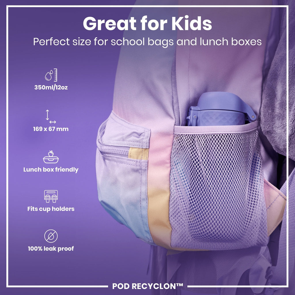 Light purple ION8 Recyclon leak-proof kids' water bottle with 350ml capacity, featuring a secure cap and durable design.