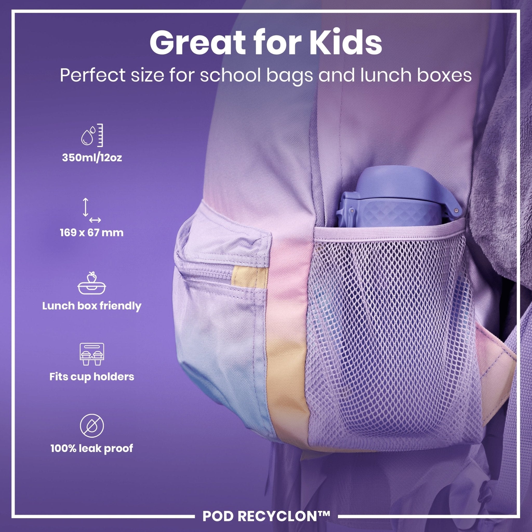 Light purple ION8 Recyclon leak-proof kids' water bottle with 350ml capacity, featuring a secure cap and durable design.