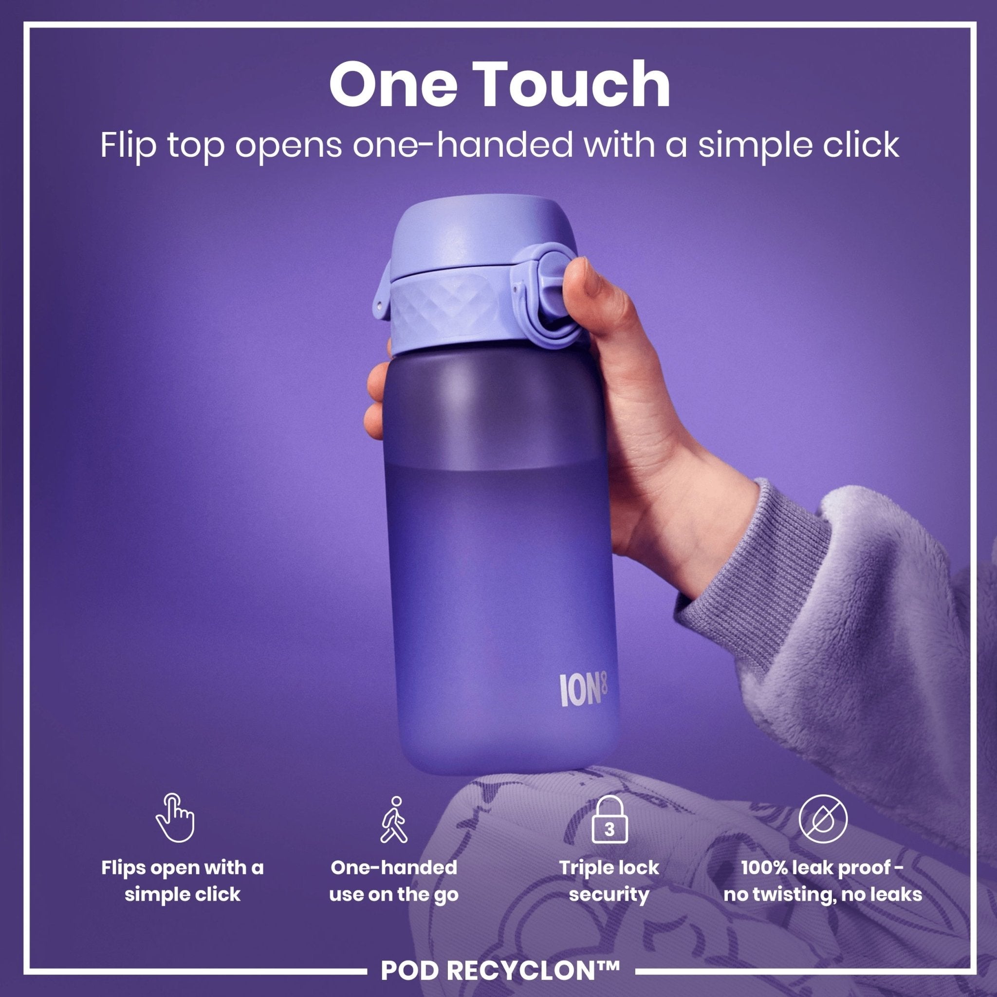 Light purple ION8 Recyclon leak-proof kids' water bottle, 350ml (12oz), with secure lid and durable design for children.