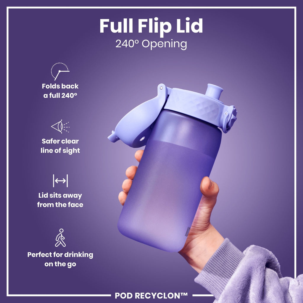 Light purple ION8 Recyclon leak-proof kids' water bottle with 350ml capacity, designed for easy drinking and durability.