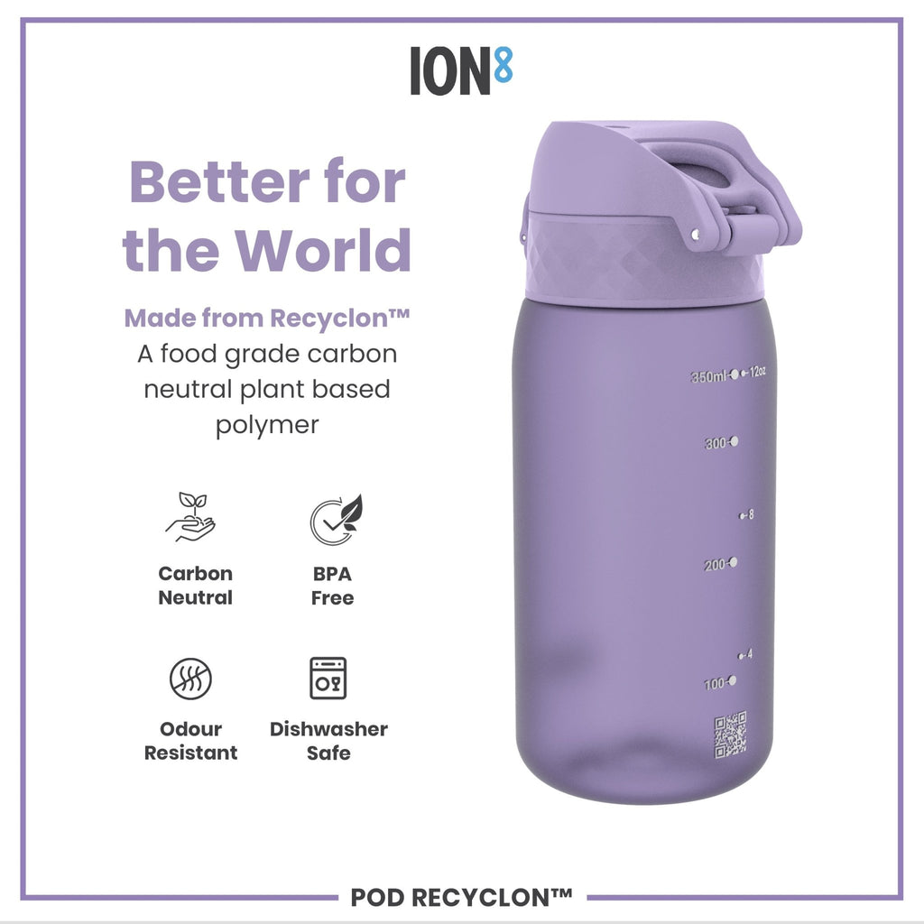 Light purple Recyclon kids' water bottle by ION8, leak proof 350ml (12oz) with a durable, recyclable design for children.