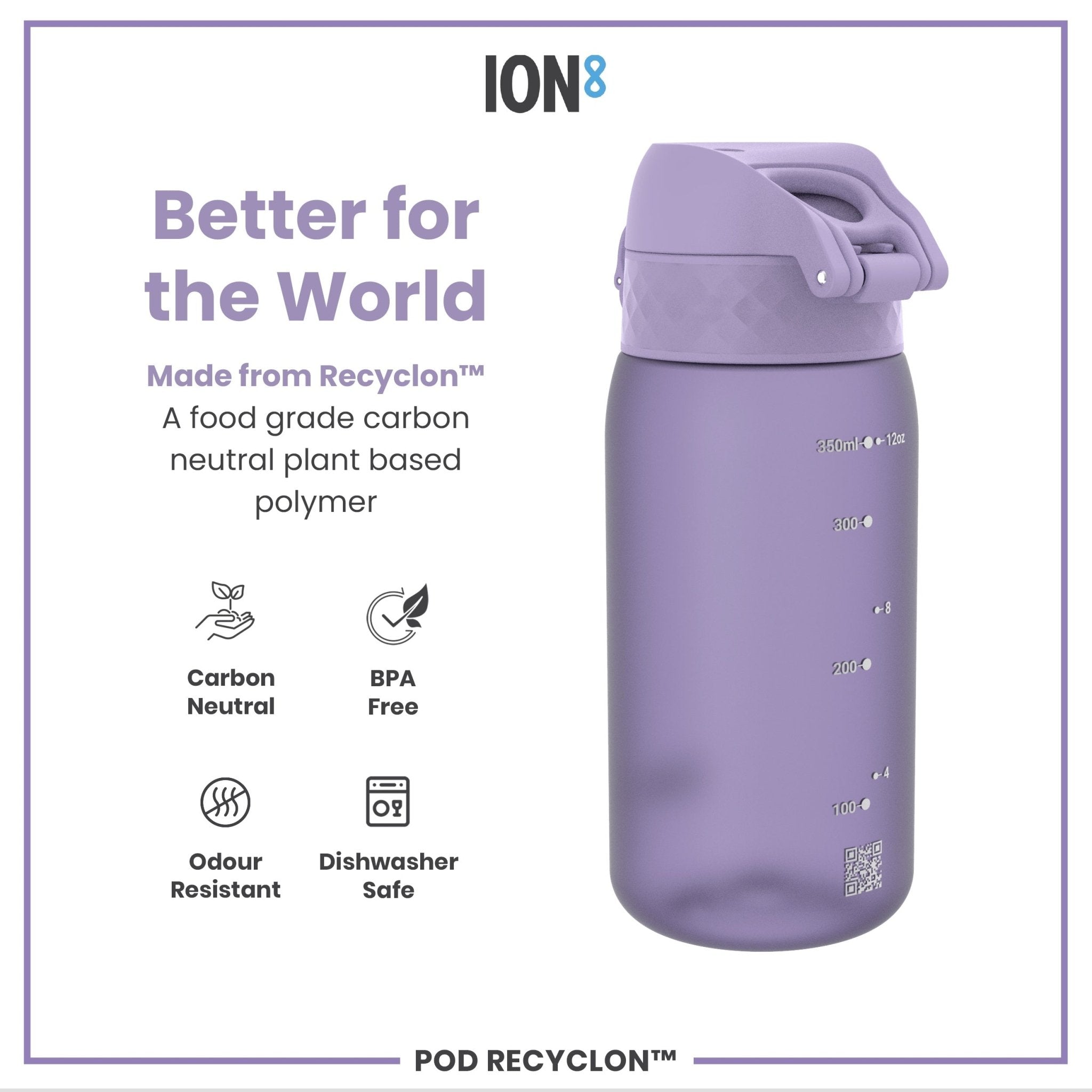 Light purple Recyclon kids' water bottle by ION8, leak proof 350ml (12oz) with a durable, recyclable design for children.
