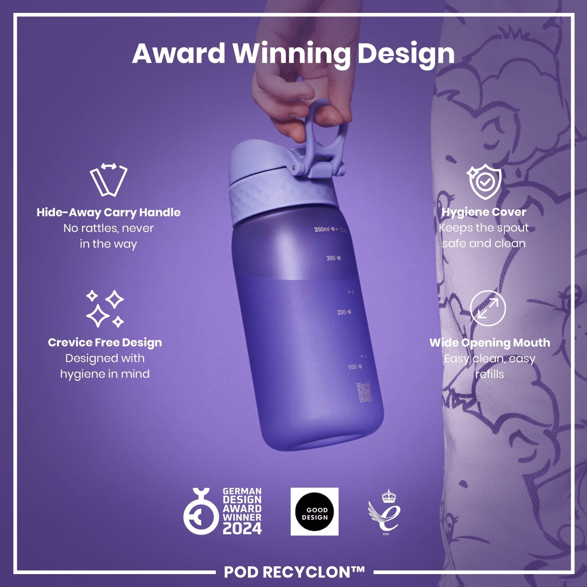 Light purple ION8 Recyclon kids' water bottle, 350ml leak-proof design with a secure cap and durable material.
